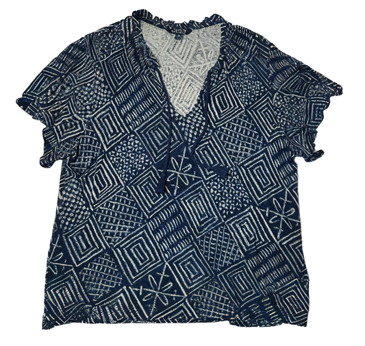 Lauren Ralph Lauren Blue and White Print Short Flutter Sleeve Linen Blend  - size XL