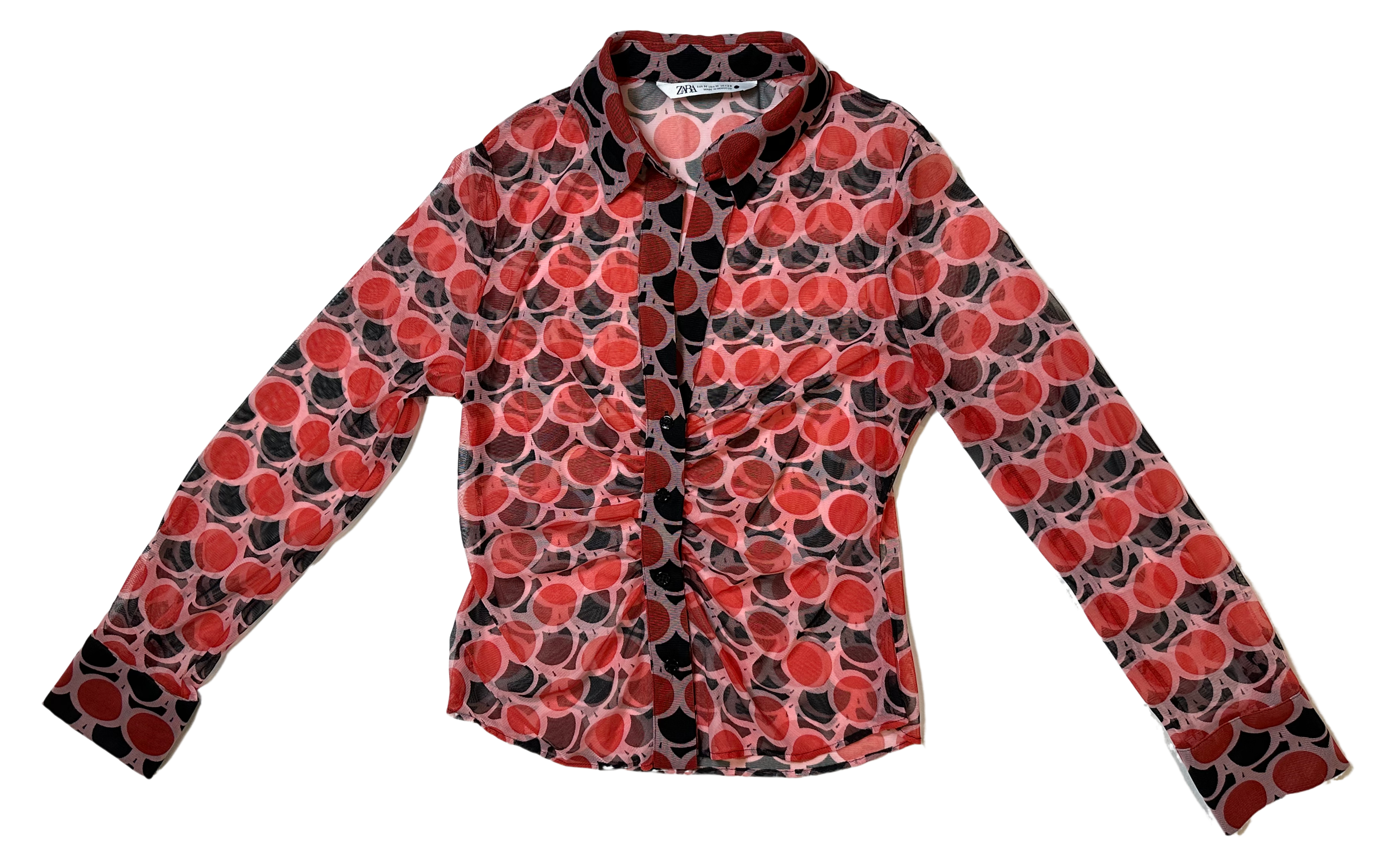 Zara Red Black Sheer Polka Dot Retro Geo Print Button Down Ruched Long This Zara blouse features a classic collar, long sleeves with button cuffs, and ruching detail