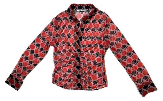 Zara Red Black Sheer Polka Dot Retro Geo Print Button Down Ruched Long This Zara blouse features a classic collar, long sleeves with button cuffs, and ruching detail
