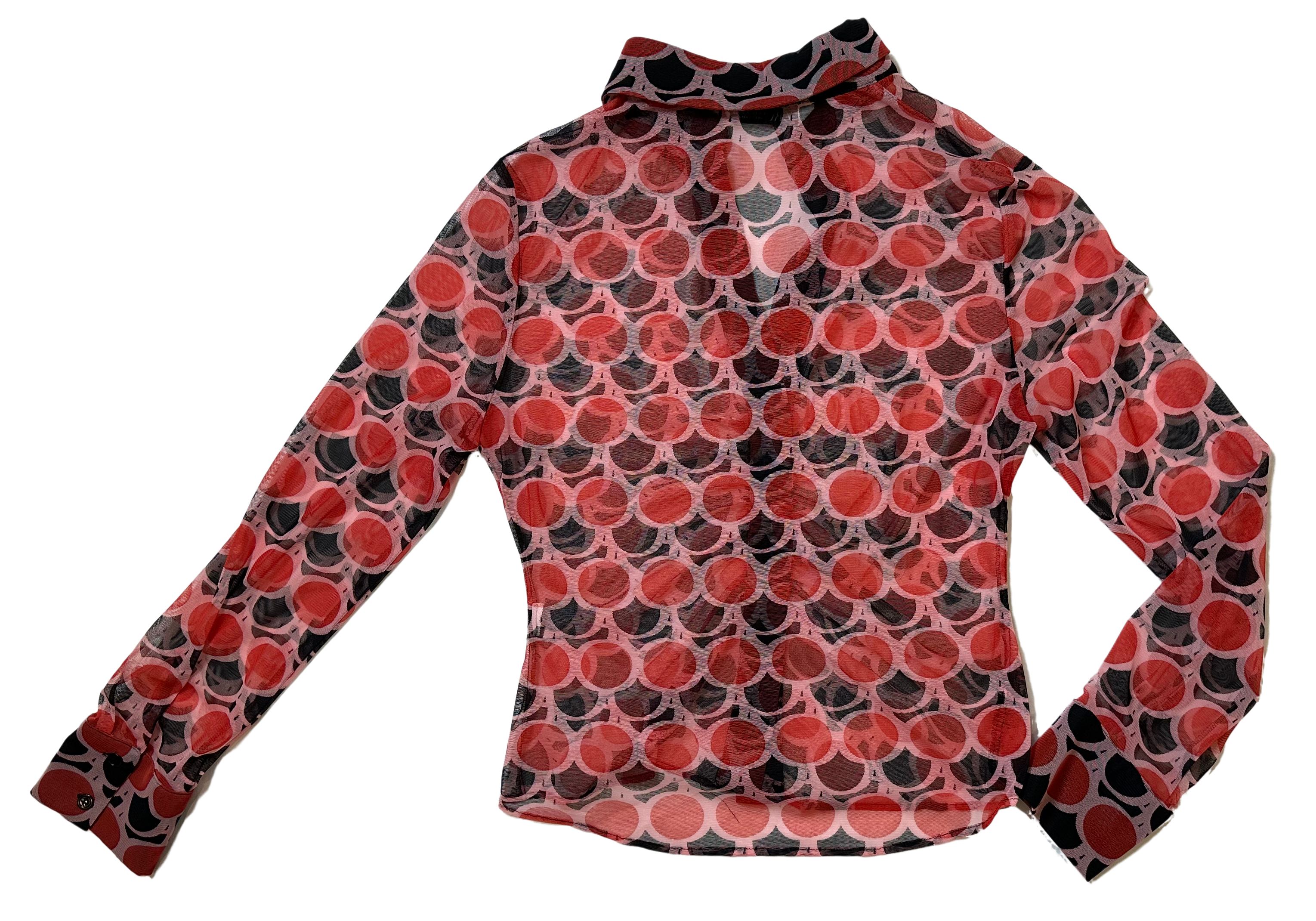 Zara Red Black Sheer Polka Dot Retro Geo Print Button Down Ruched Long This Zara blouse features a classic collar, long sleeves with button cuffs, and ruching detail