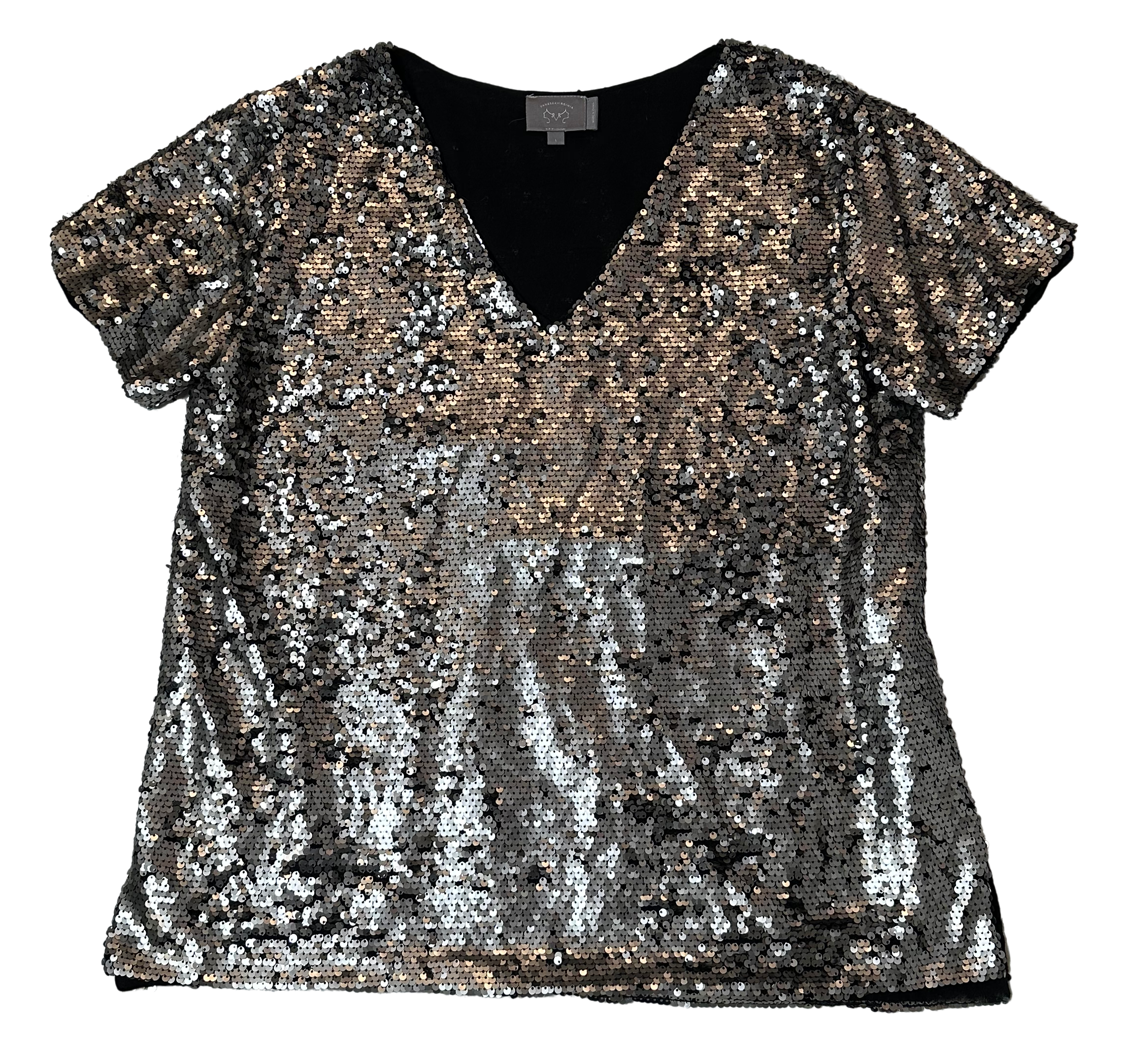 Vanessa Virginia Anthropology Silver Sequin Short Sleeve Top size Large