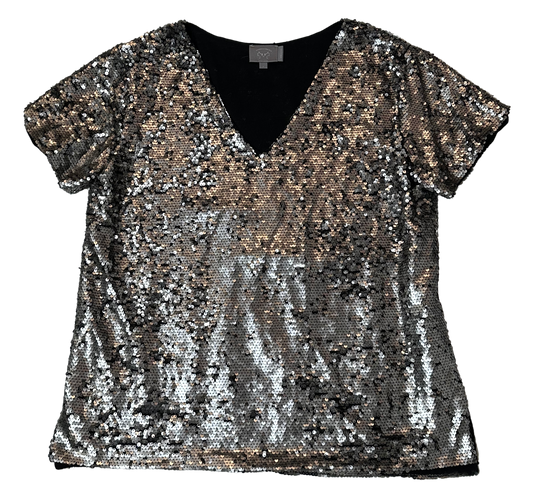 Vanessa Virginia Anthropologie Silver Sequin Short Sleeve Top size Large
