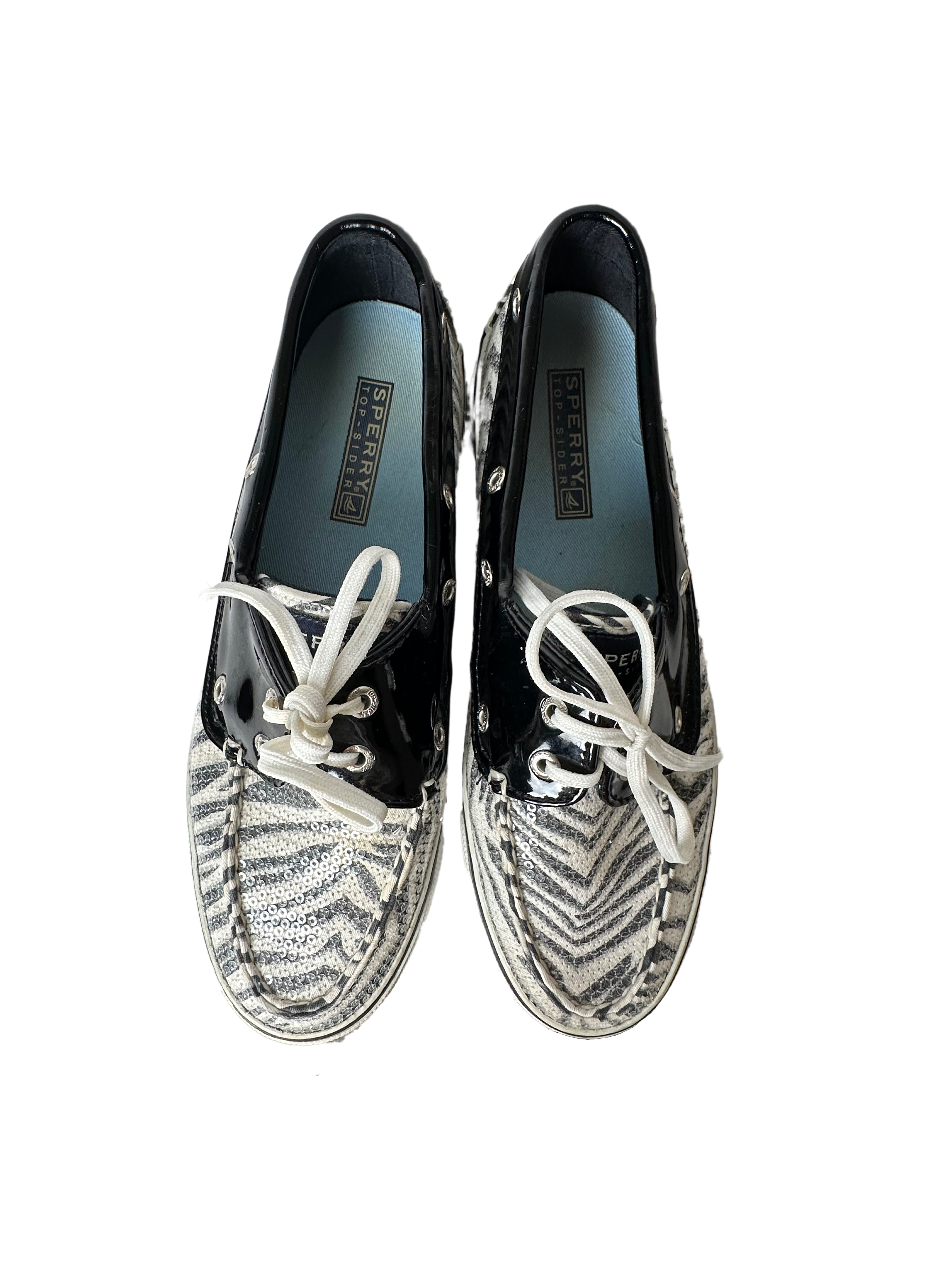 Sperry Sequin Zebra Stripe Topsiders 9688540 size 7 Take a walk on the wild side with these Sperry Topsiders! Featuring a zebra stripe design in classic black and wh