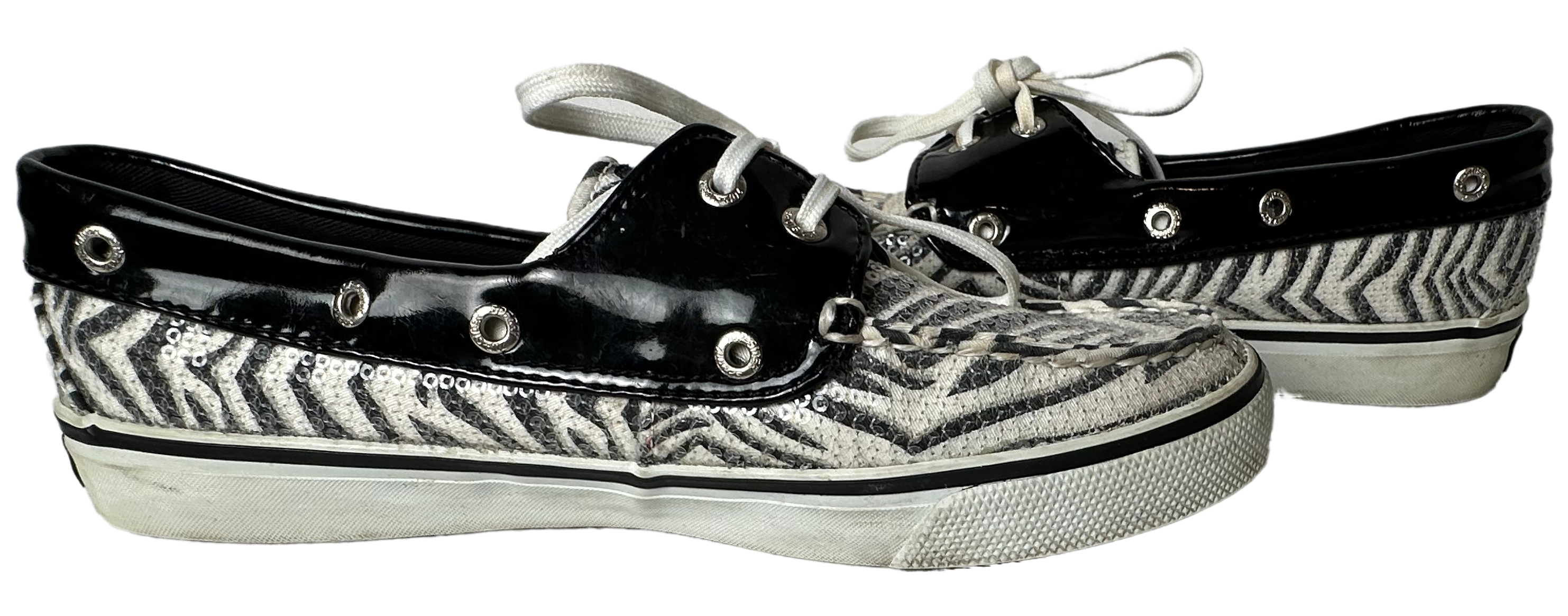 Sperry Sequin Zebra Stripe Topsiders 9688540 size 7 Take a walk on the wild side with these Sperry Topsiders! Featuring a zebra stripe design in classic black and wh