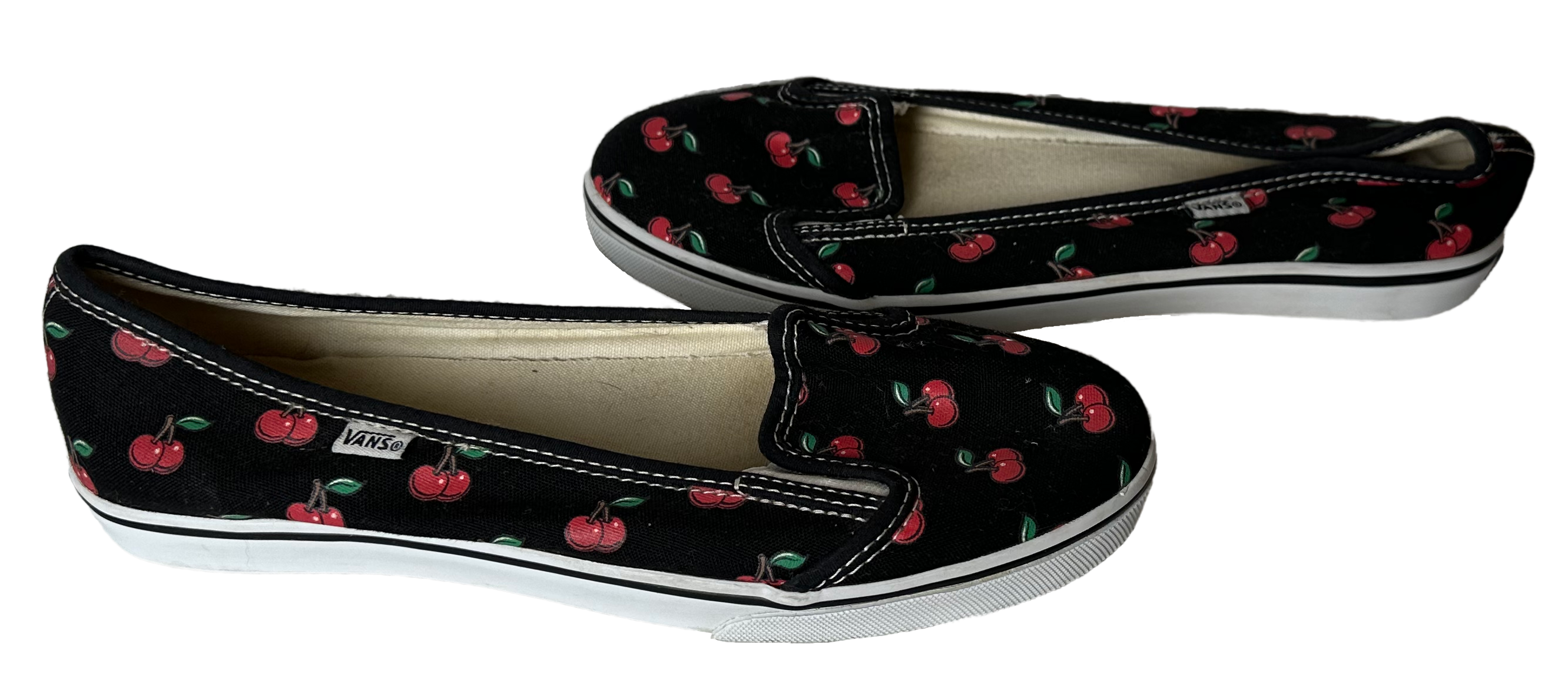 Vans Very Rare KVD Lo-Pro Cherry Slip Ons size 7 Step into style with these Vans Very Rare KVD Lo-Pro Cherry Slip Ons in size 7. The black design is adorned with a p