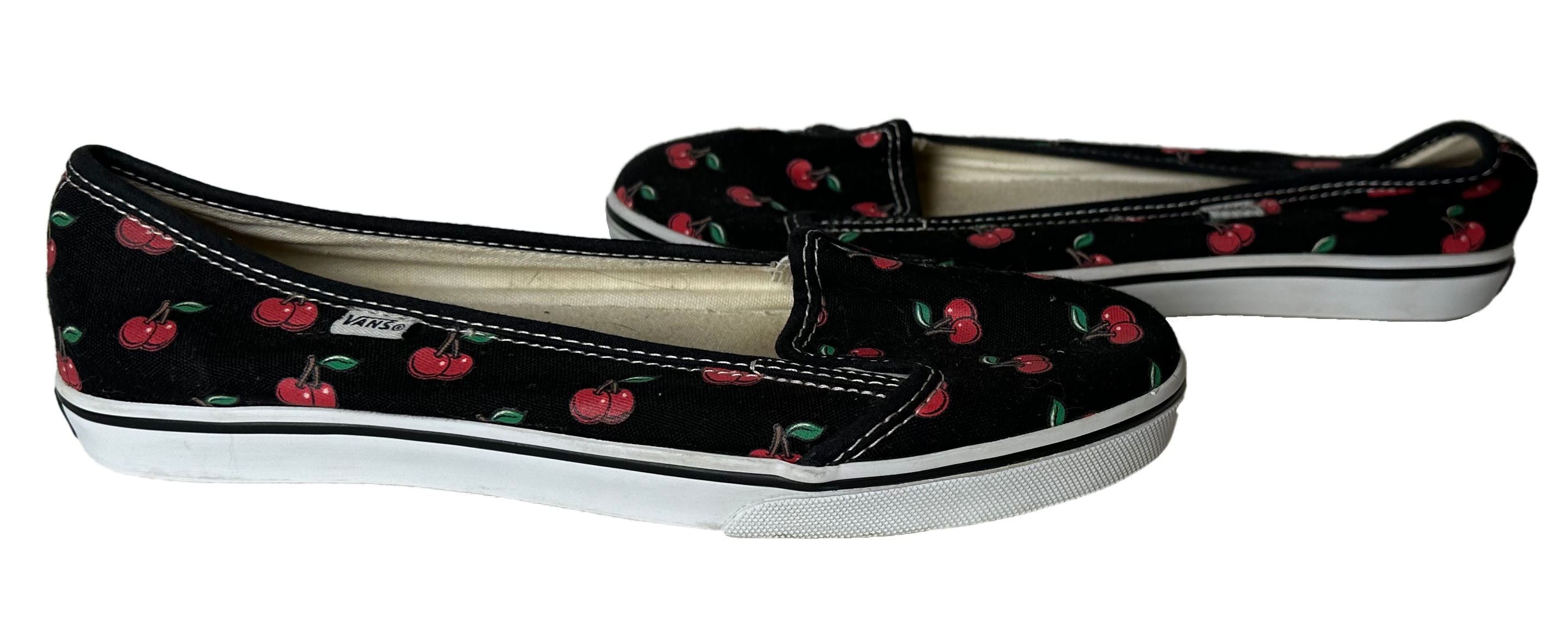 Vans Very Rare KVD Lo-Pro Cherry Slip Ons size 7 Step into style with these Vans Very Rare KVD Lo-Pro Cherry Slip Ons in size 7. The black design is adorned with a p