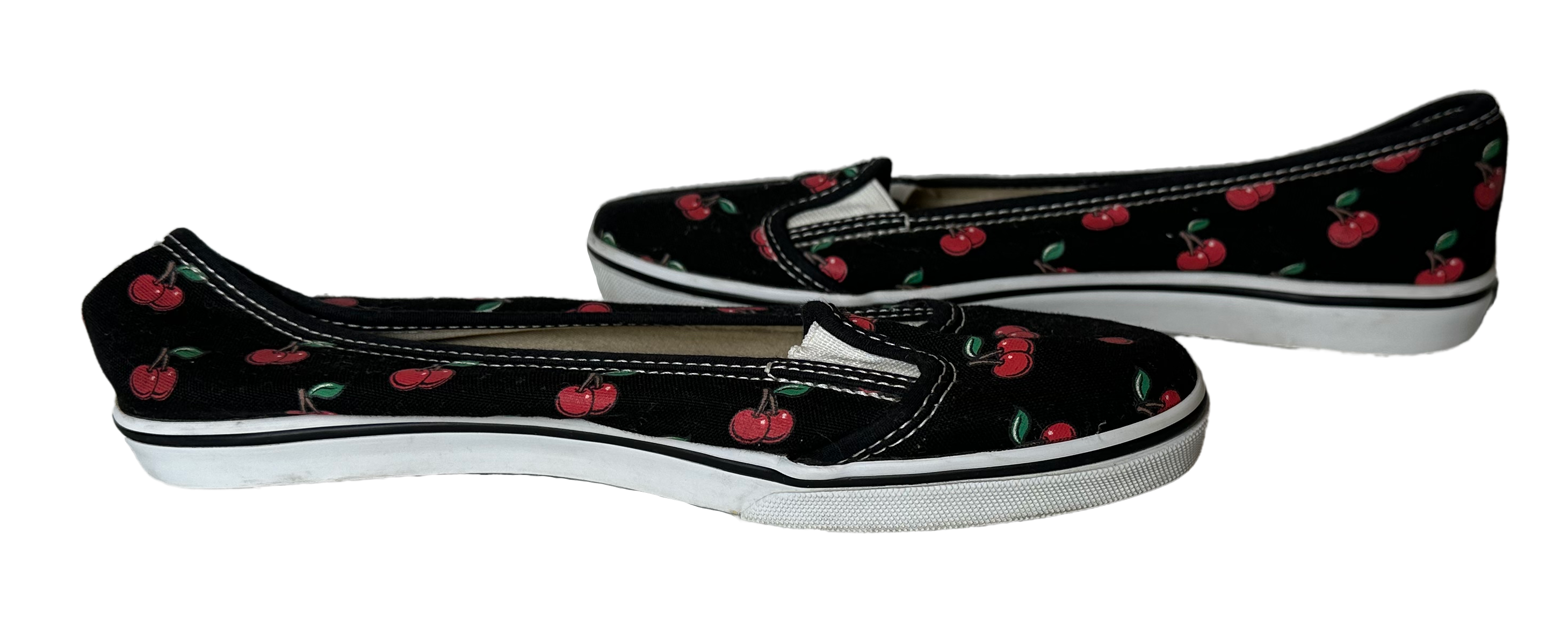 Vans Very Rare KVD Lo-Pro Cherry Slip Ons size 7 Step into style with these Vans Very Rare KVD Lo-Pro Cherry Slip Ons in size 7. The black design is adorned with a p