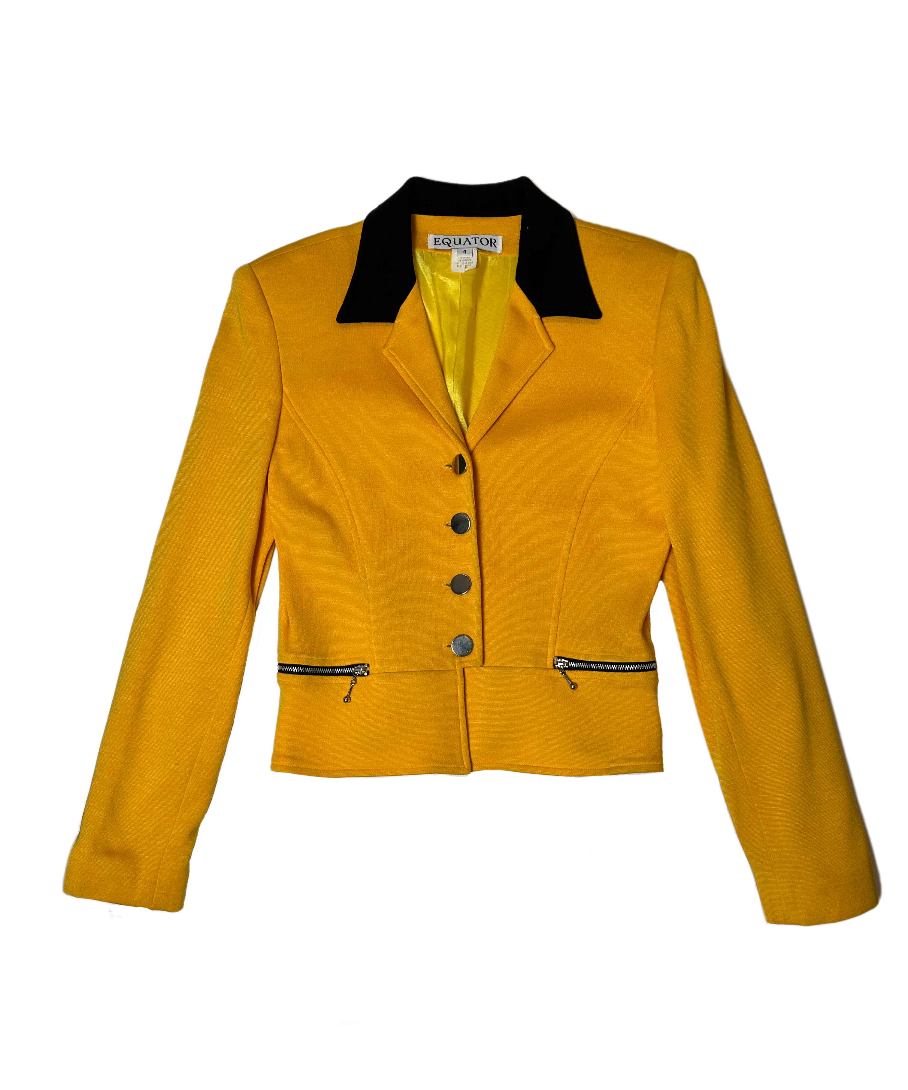 Equator Yellow Structured Vintage Jacket with Black Collar from Equator gives a classic look with its structured design and black collar. Zip front pockets offer convenient storage and giveJacketEquator Yellow Structured Vintage Jacket with Black CollarEquator Yellow Structured Vintage Jacket