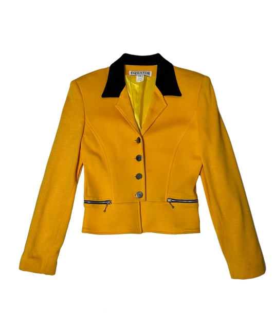 Equator Yellow Structured Vintage Jacket with Black Collar from Equator gives a classic look with its structured design and black collar. Zip front pockets offer convenient storage and giveJacketEquator Yellow Structured Vintage Jacket with Black CollarEquator Yellow Structured Vintage Jacket