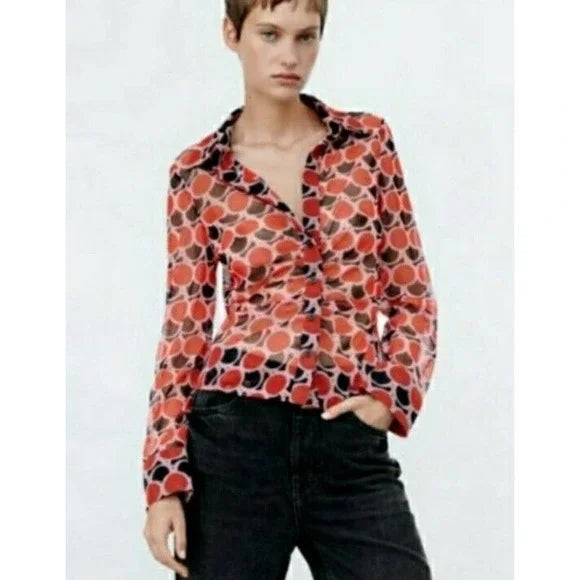 Zara Red Black Sheer Polka Dot Retro Geo Print Button Down Ruched Long This Zara blouse features a classic collar, long sleeves with button cuffs, and ruching detail