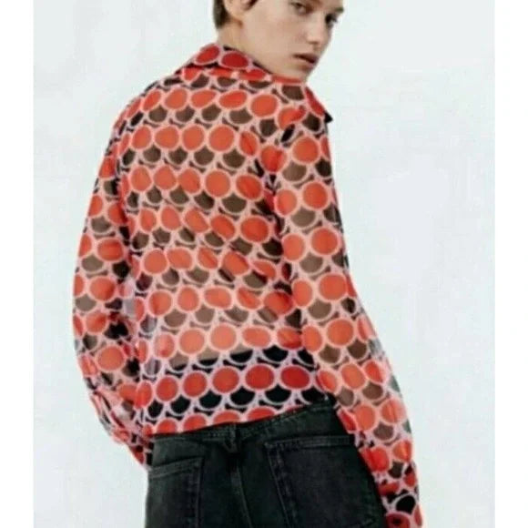 Zara Red Black Sheer Polka Dot Retro Geo Print Button Down Ruched Long This Zara blouse features a classic collar, long sleeves with button cuffs, and ruching detail