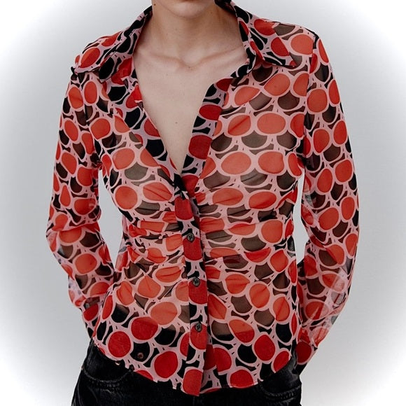 Zara Red Black Sheer Polka Dot Retro Geo Print Button Down Ruched Long This Zara blouse features a classic collar, long sleeves with button cuffs, and ruching detail