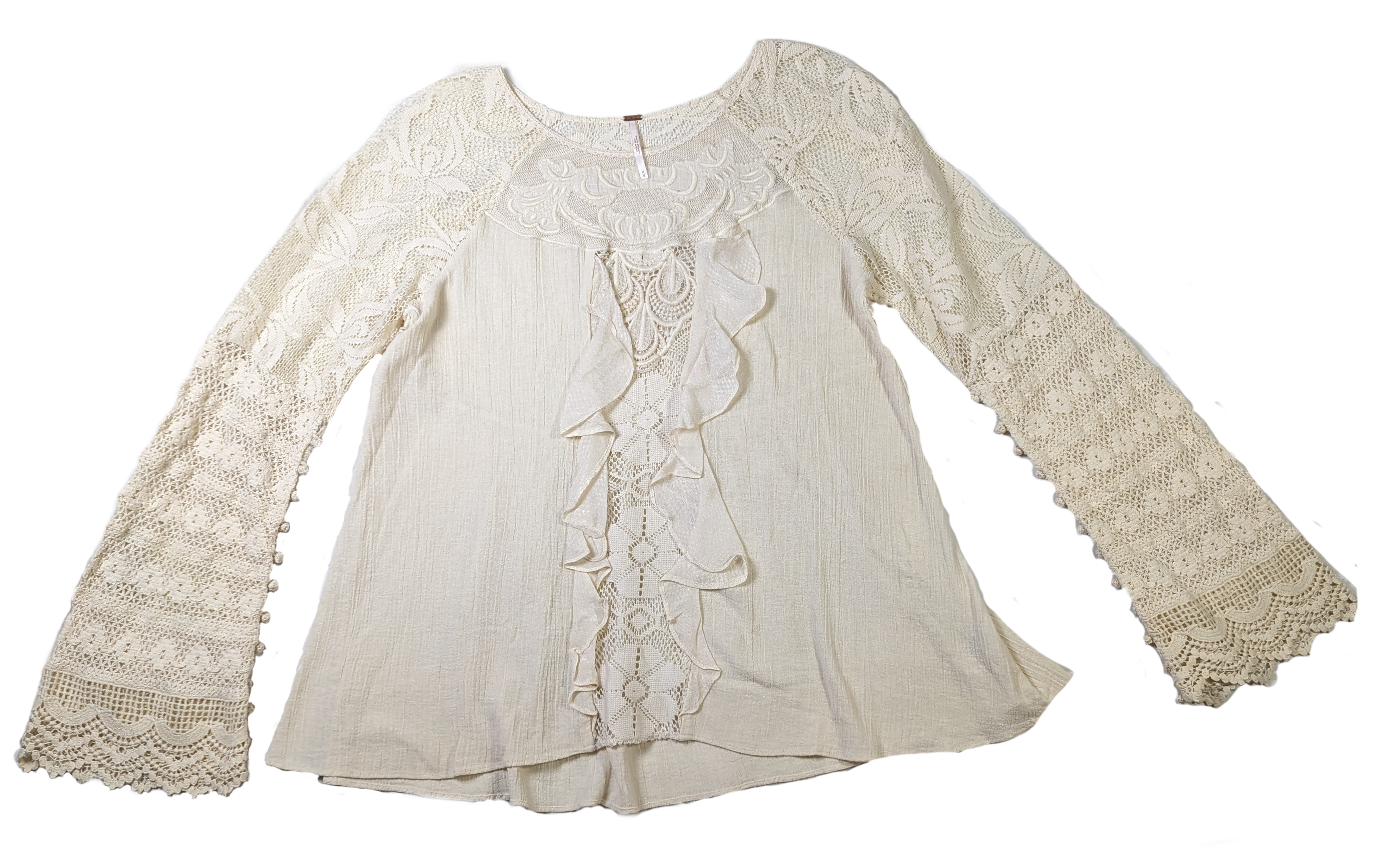 Free People Lace and Crochet TopThis Free People top is a beautiful combination of lace and crochet detail, creating a one-of-a-kind boho look. Crafted with 100% Cotton, the ruffle detail and croch