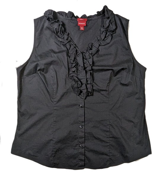  Merona Ruffle Neck Sleeveless Top brings a stylish and comfortable touch to your wardrobe with its ruffle neck and sleeveless design. Crafted with a button-up front and made of soft, BlouseMerona Ruffle Neck Sleeveless TopMerona Ruffle Neck Sleeveless Top