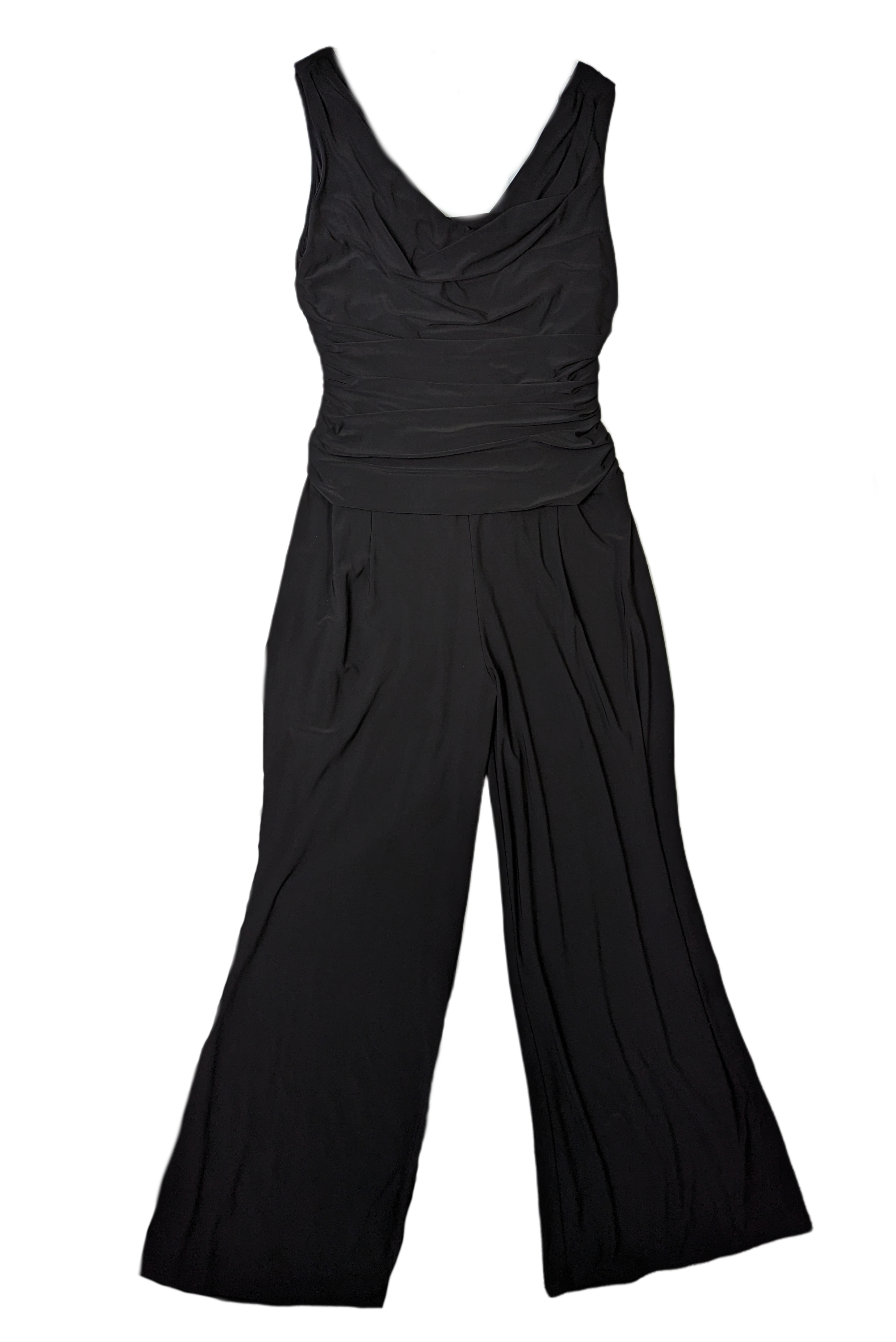 R & M Richards Black Sleeveless Knit Jumpsuit perfect for a chic, evening look. Its wide-leg fit, cowl neckline, and ruched waist create a flattering silhouette thatJumpsuits & RompersR & M Richards Sleeveless JumpsuitR M