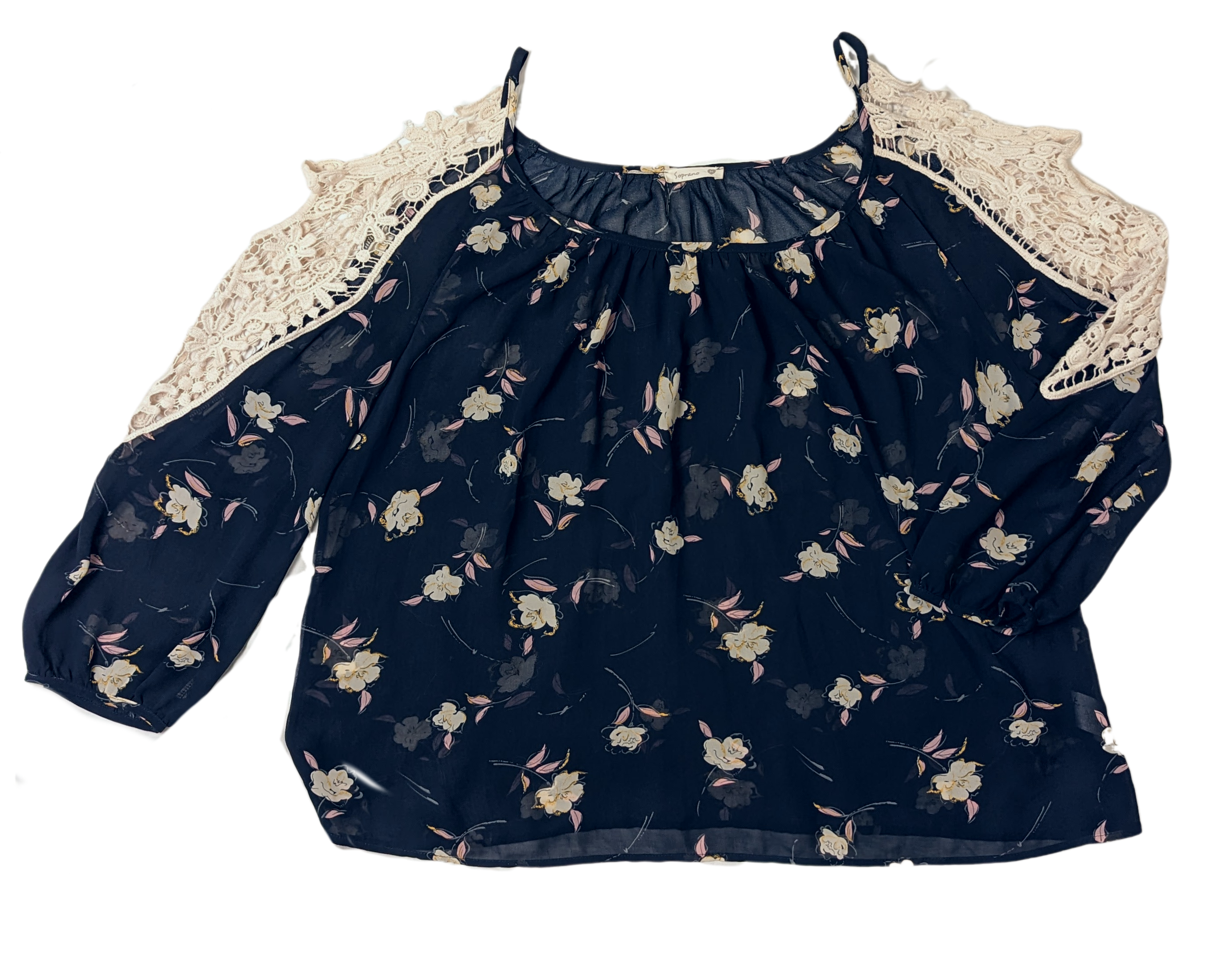 SopranoLive your life in full bloom with this captivating, navy floral blouse. Its cold-shoulder, crochet lace, and sheer fabric give a glam girly feel that's perfect for wShirts & TopsSoprano Cold Shoulder Floral BlouseSoprano Cold Shoulder Floral Blouse