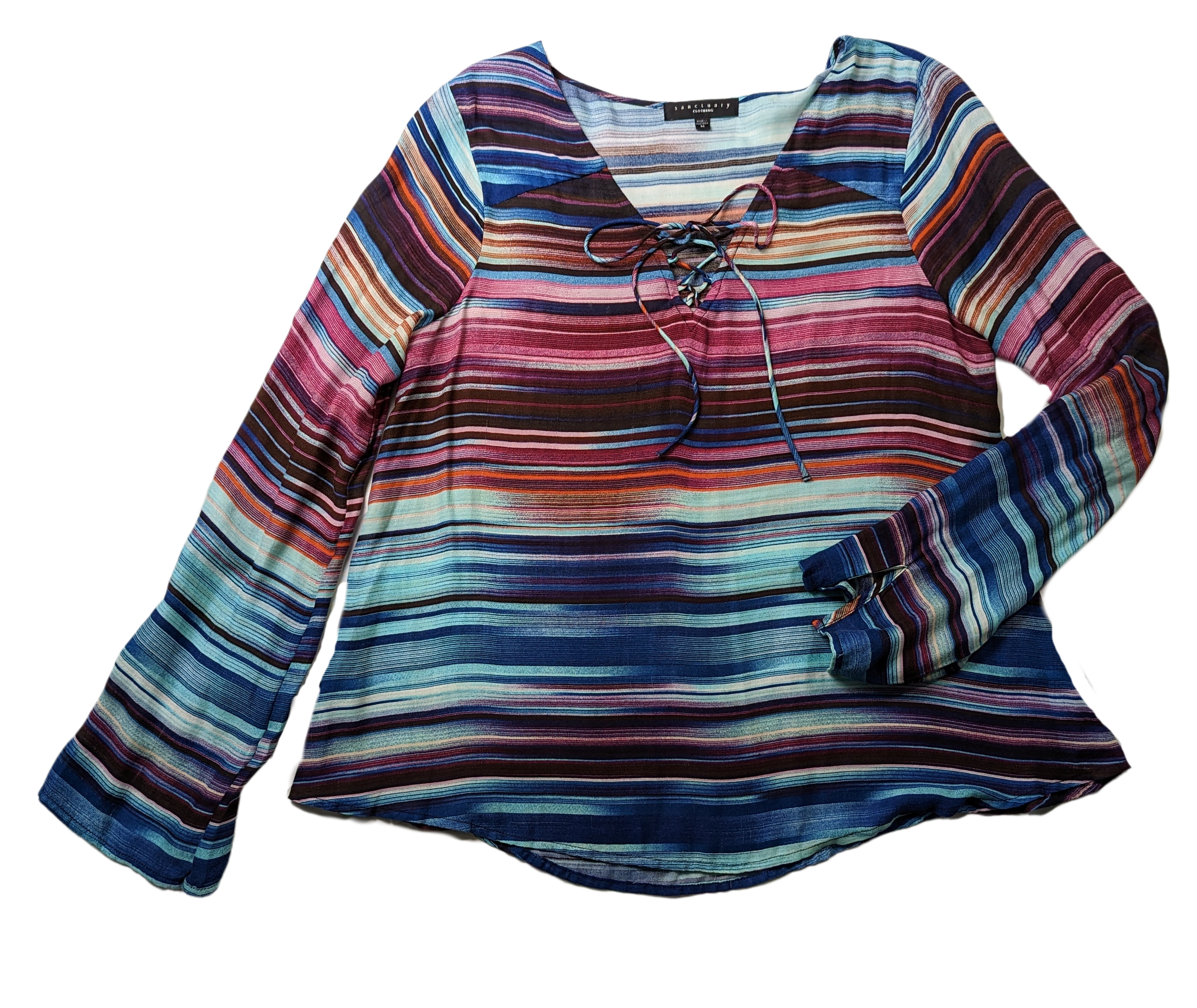 Sanctuary Kinsey Lace-up BlouseLook effortlessly put-together in this stylish Sanctuary Kinsey Lace-up Blouse! This blue and pink striped number is designed to impress, with bell sleeves and a ligSanctuary Kinsey Lace-Shirts & Tops