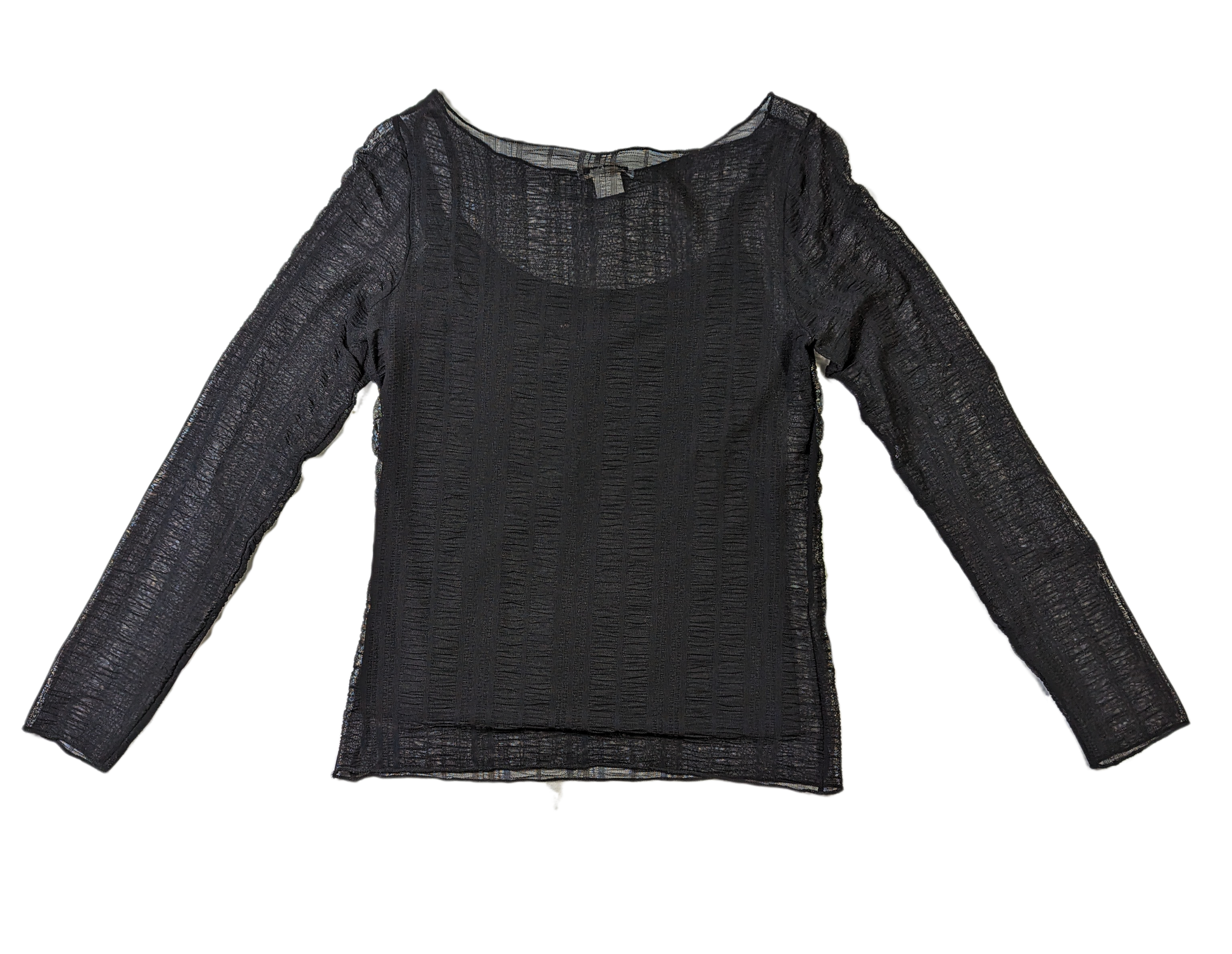 Calvin Klein Long Sleeve Sheer Top Calvin Klein's Long Sleeve Sheer Top offers a sleek, timeless option for any wardrobe. Crafted with a subtle ruching effect in the sheer layer and an attached tank l