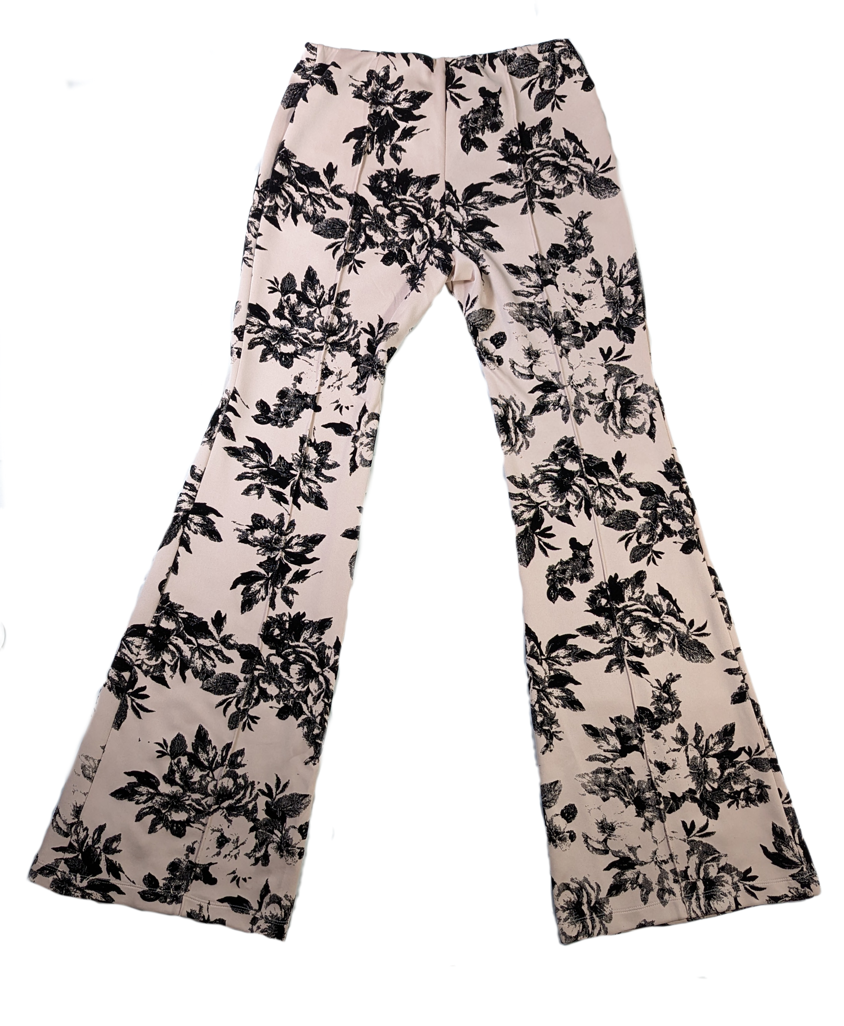 Marisa Kenson Blush Flare Pants with Black floral print NWT Brand new with tags size M Marisa Kenson collection flare pants in the Perla style. Light pink background with a black felt floral print. Elastic waist band. Very eMarisa Kenson Blush Flare PantsPants