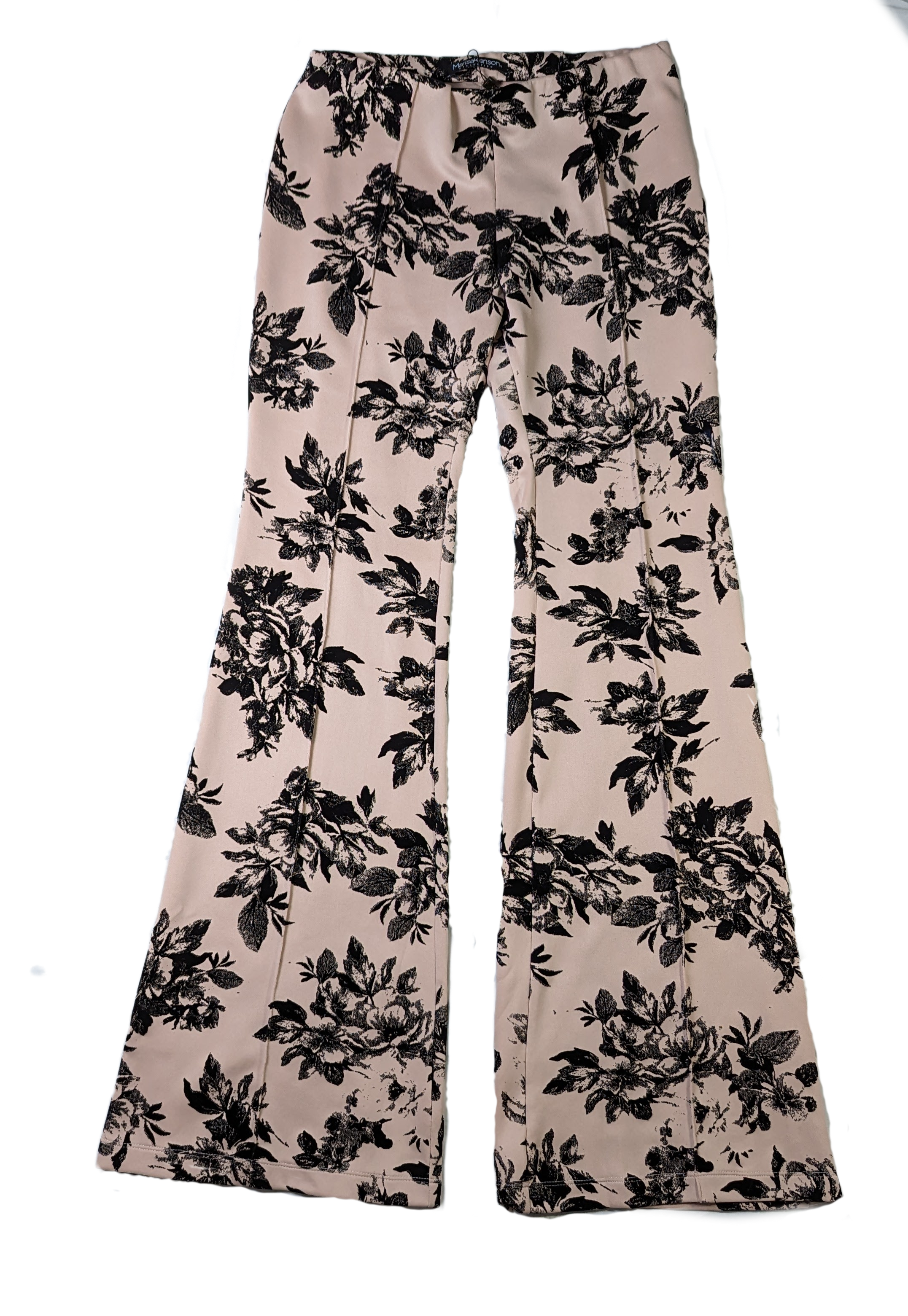 Marisa Kenson Blush Flare Pants with Black floral print NWT Brand new with tags size M Marisa Kenson collection flare pants in the Perla style. Light pink background with a black felt floral print. Elastic waist band. Very eMarisa Kenson Blush Flare PantsPants