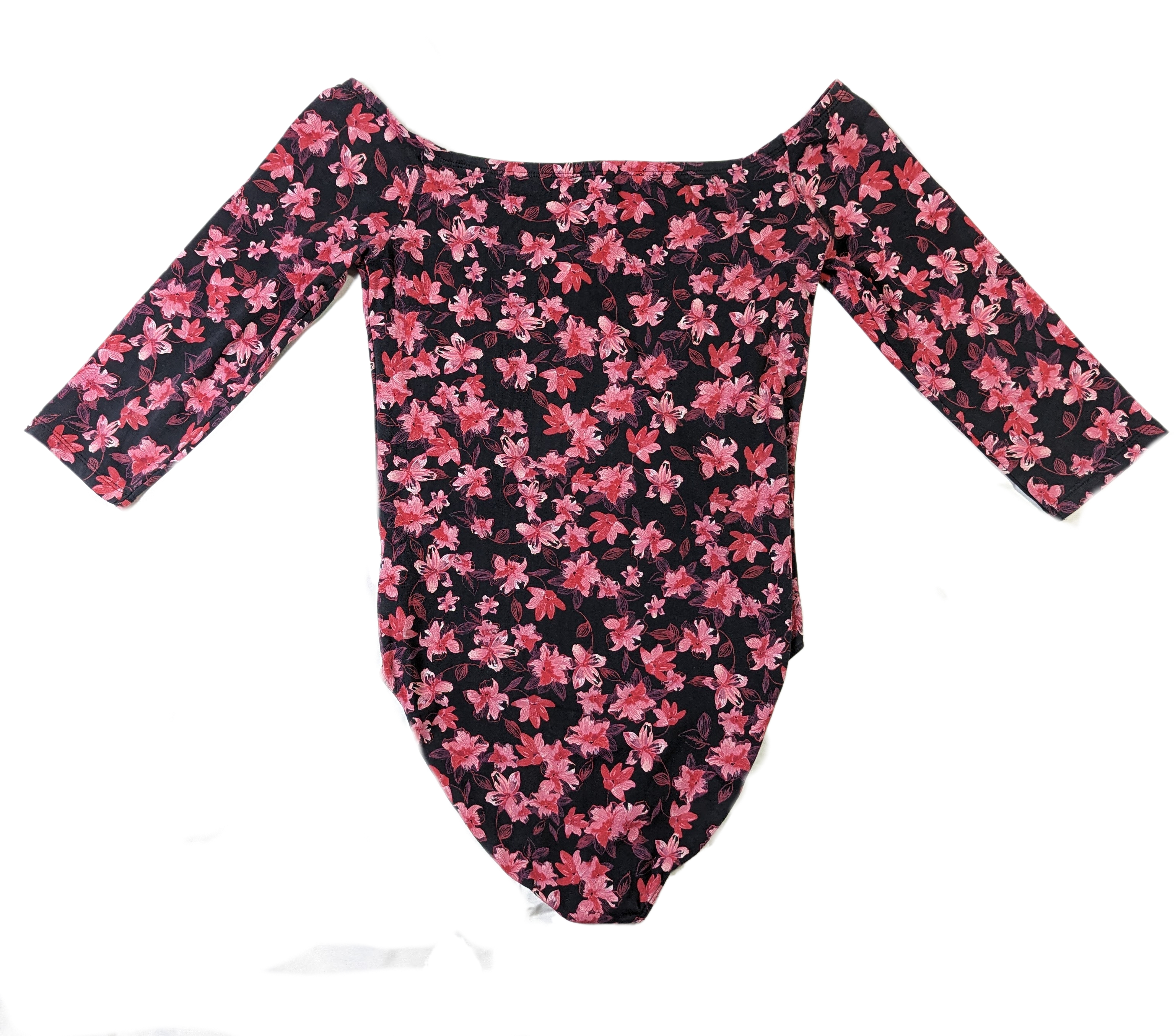 ExpressOur Express One Eleven Floral Bodysuit, made of a Cotton/Spandex blend, features a beautiful floral print on a black background with a 3/4 sleeve, off shoulder styleBodysuitExpress One Eleven Floral BodysuitEleven Floral Bodysuit