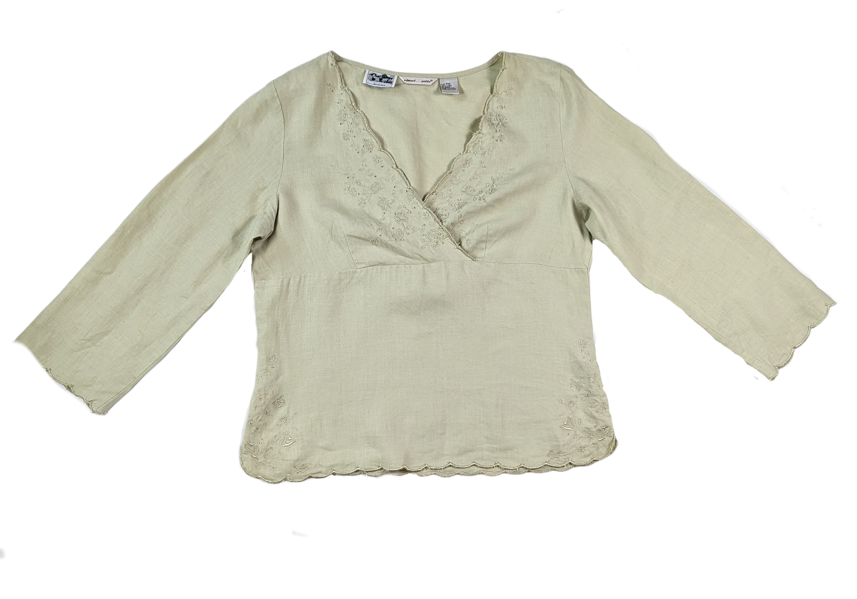 Edward Irish Linen Embroidered BlouseThe Cross Front Bodice on this Edward Linen blouse is enhanced by embroidery and beading.  The hem and sleeves feature scalloping with the side hem has added embroidEdward Irish Linen Embroidered BlouseBlouse