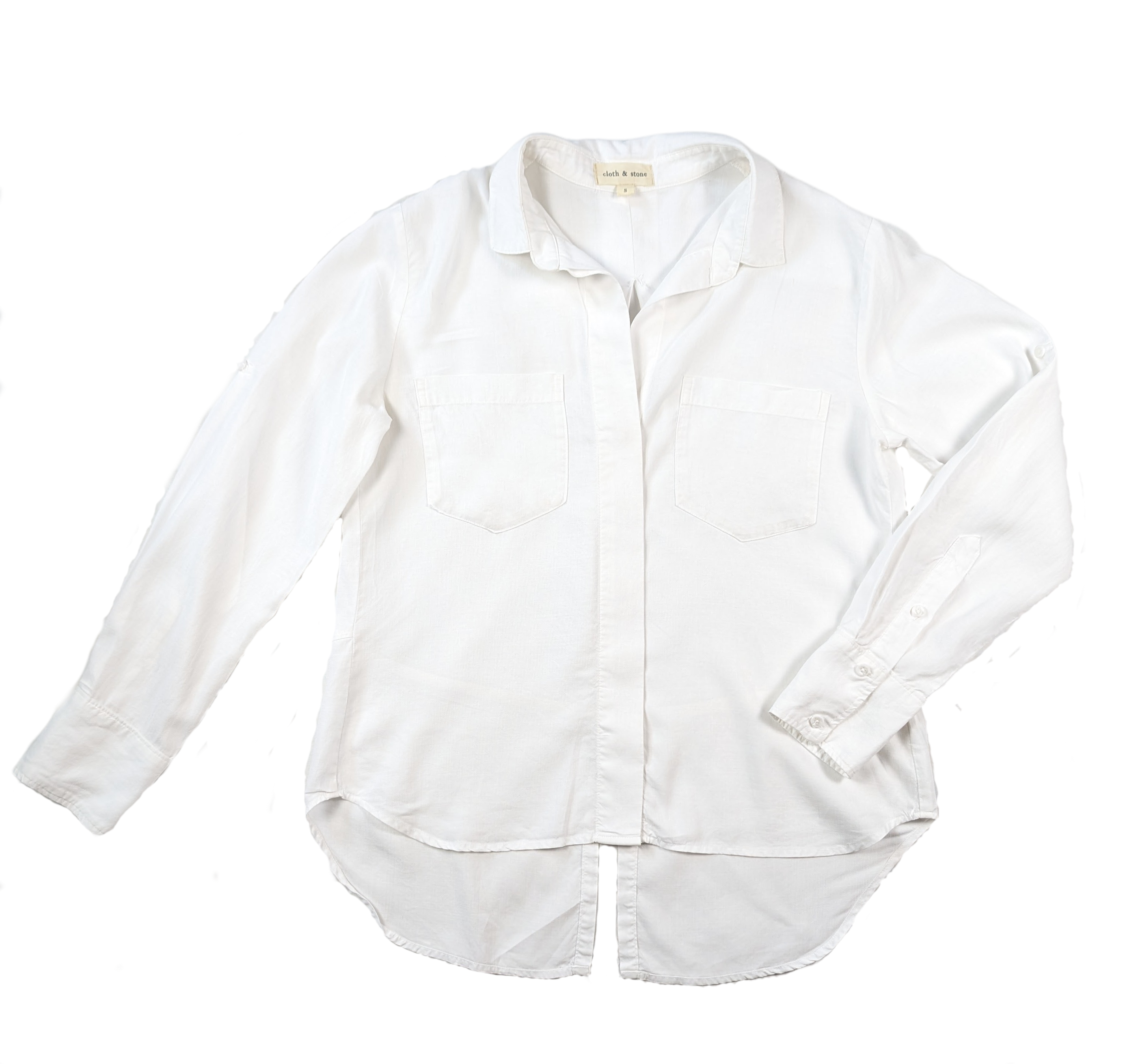 Cloth & Stone Split Back White ShirtThis shirt has great style.  The back features a split, high-low hem, hidden button closure in the front and it is made from tencel, a flowy fabric.   Pair with jeanCloth & Stone Split Back White ShirtShirt