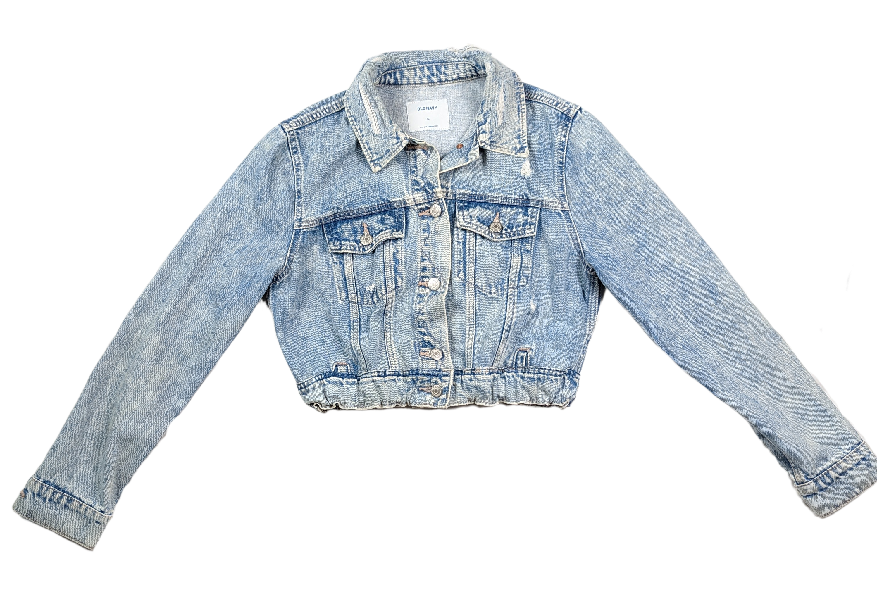 REFRESHED - Old Navy Handcrafted Denim Cropped and Embellished Jacket is a truly unique piece.  This restyled, cropped jacket features elastic added to the waist band, and upcycled denim dJacketREFRESHED - Old Navy Denim Cropped JacketNavy Denim Cropped Jacket