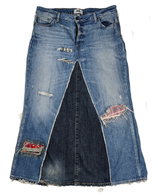 REFRESHED- Paige Distressed Handcrafted Denim Midi Skirt- Denim Skirt made from two pairs of jeans and some old plaid shirts!  Right on trend.  Super cute!REFRESHED- Paige Distressed Denim SkirtSkirts