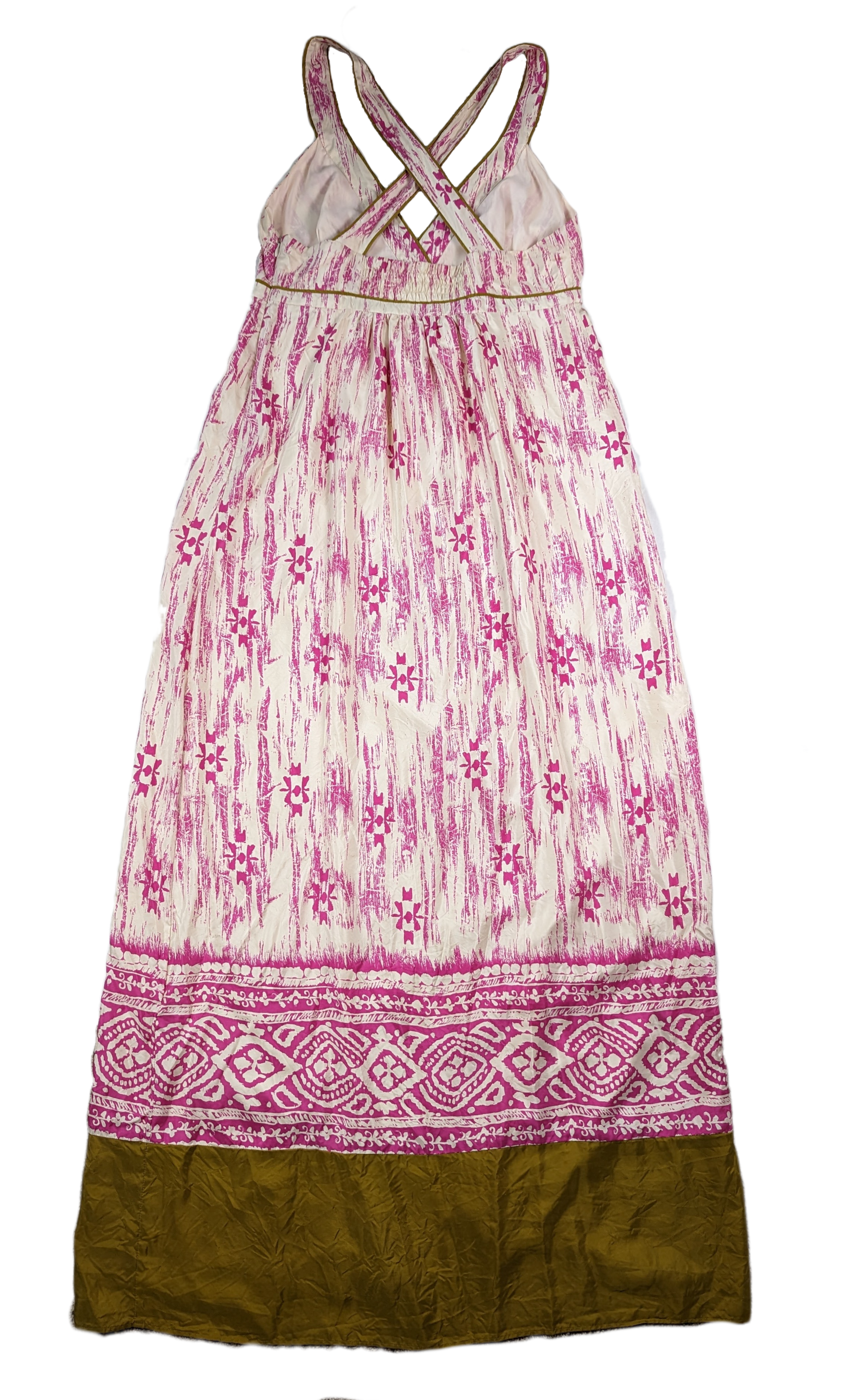 Ann Taylor Loft Silk Maxi Sundress with criss-cross straps and vibrant is a picture perfect piece! Soft ivory silk is adorned with a vivid magenta print, while the strapped criss cross back and olive green tDressesLoft Silk Maxi SundressLoft Silk Maxi Sundress