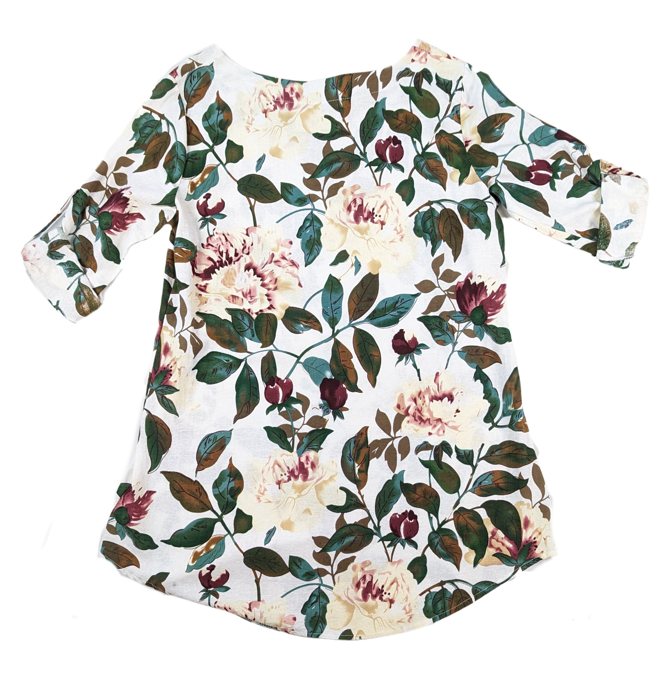 Cellabie White Floral Shift DressLong Sleeved, Roll-tab, Short length, green and pink floral
 Cellabie White Floral Shift DressDresses