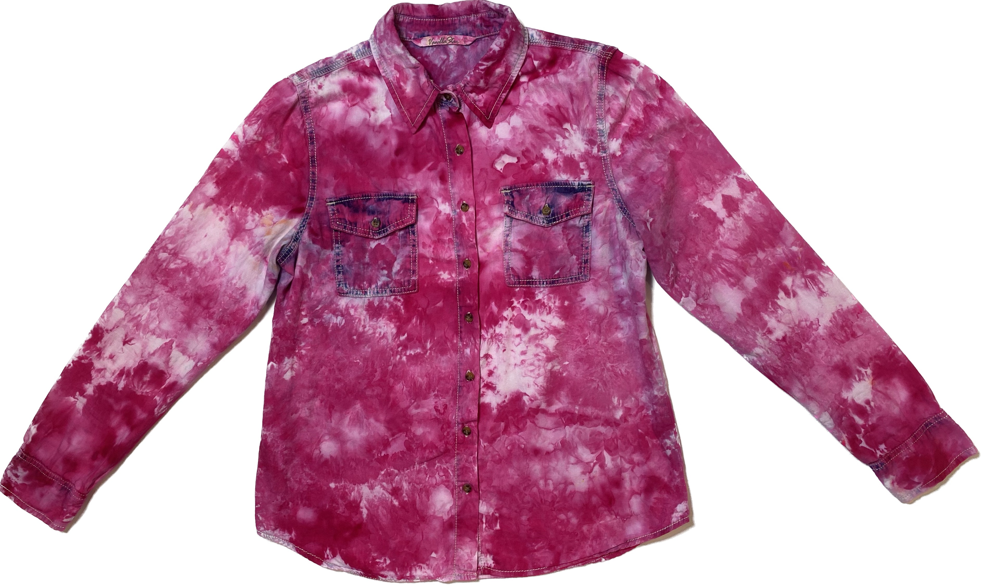 REFRESHED - Vanilla Star Hand Dyed Hot Pink Denim Shirt Refreshed - Beautifully hand marble dyed, hot pink with dark blue peeking though, button front long sleeve shirt. Perfect blouse to wear with everything to add a un