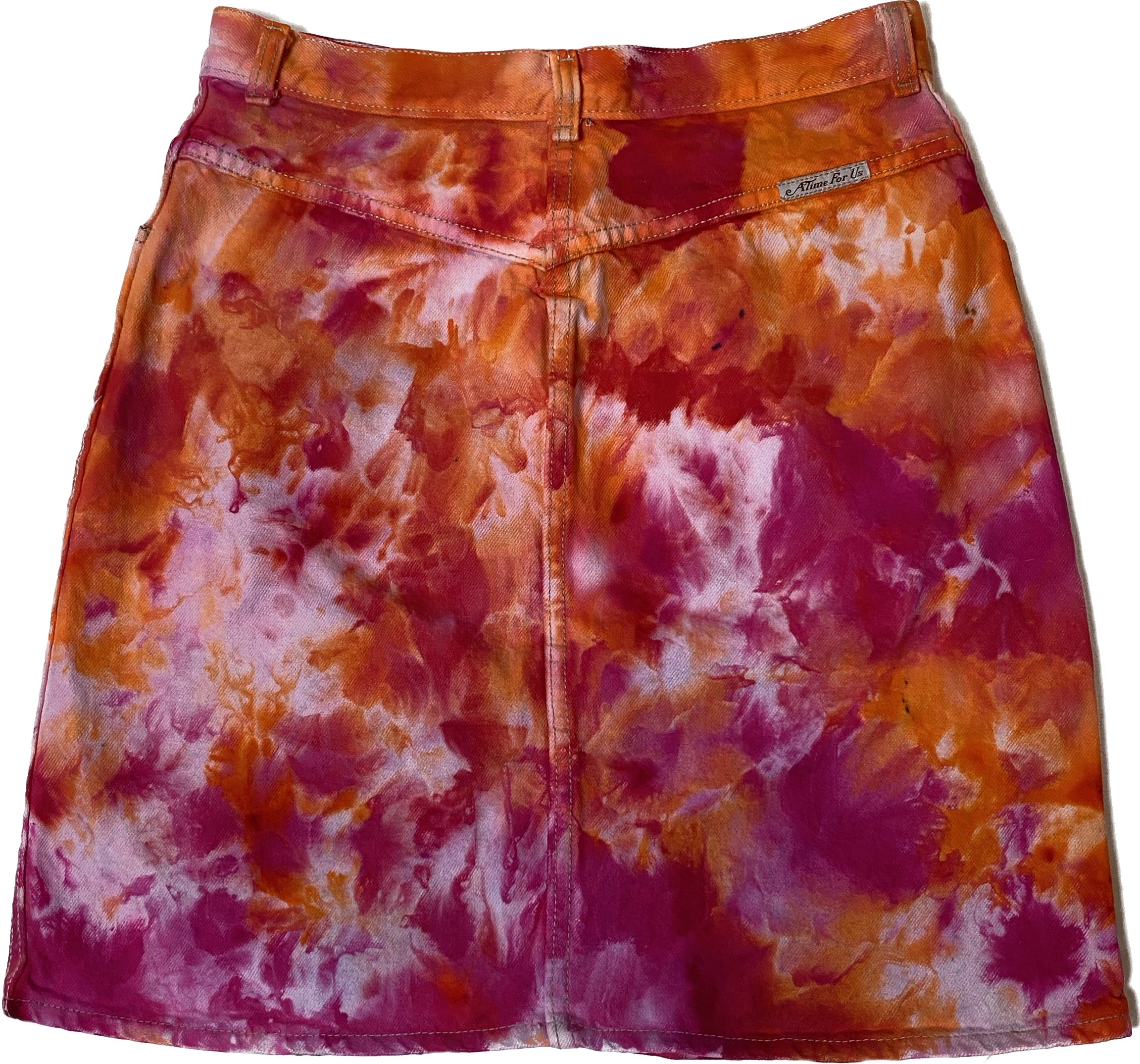 REFRESHED - A Time For Us Hand Dyed Vintage Denim Skirt Refreshed - Stunning hand dyed bright pink and orange denim skirt.
Wear this with tall boots for the Winter, or chunky heels for the Spring. So cute!!!!