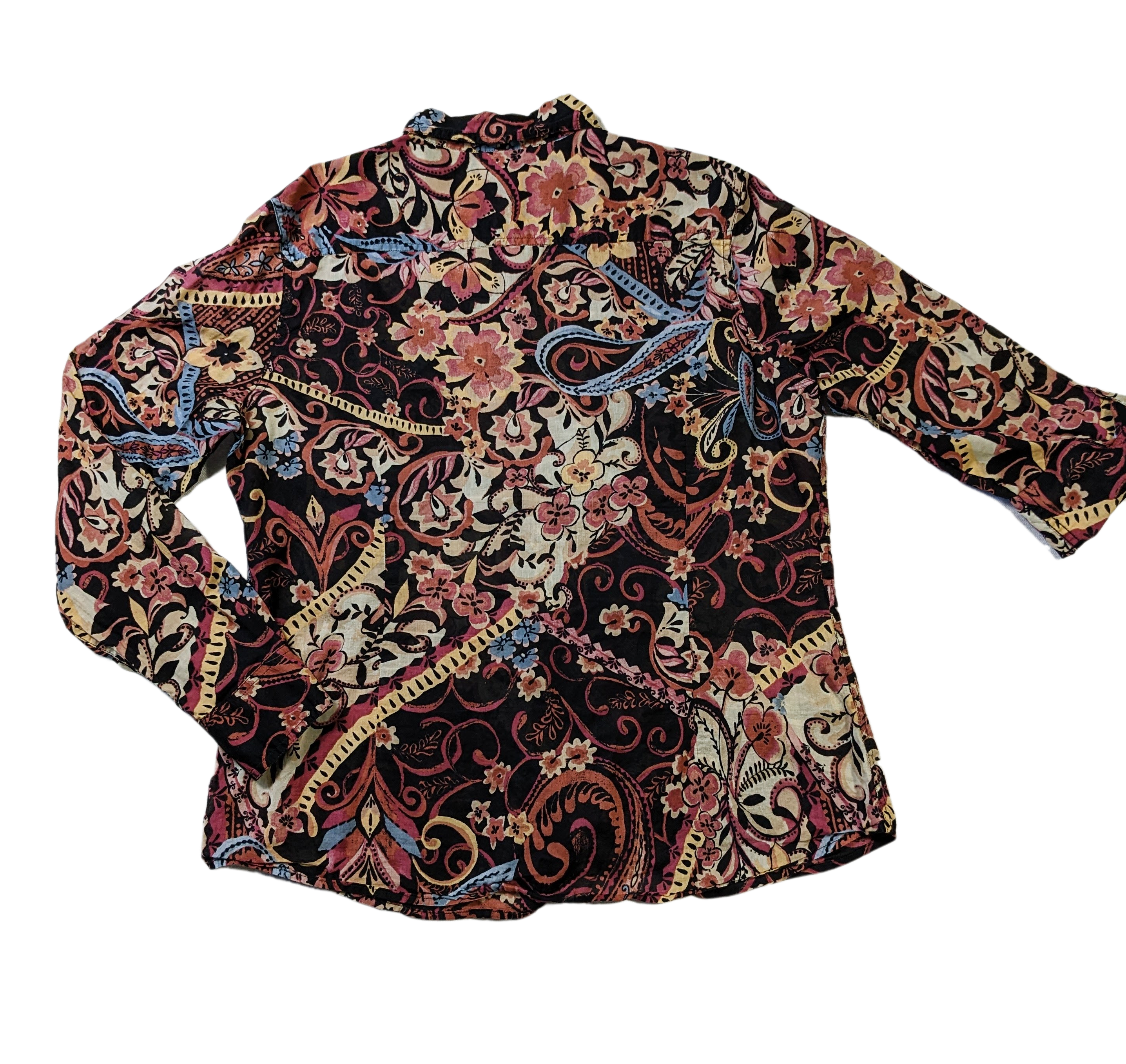 Lucky Brand Black Printed Button up ShirtThe colors on this Button up shirt are amazing! They really work together to create a gorgeous print.  The shirt is lightweight and has button tabs to roll up the sl