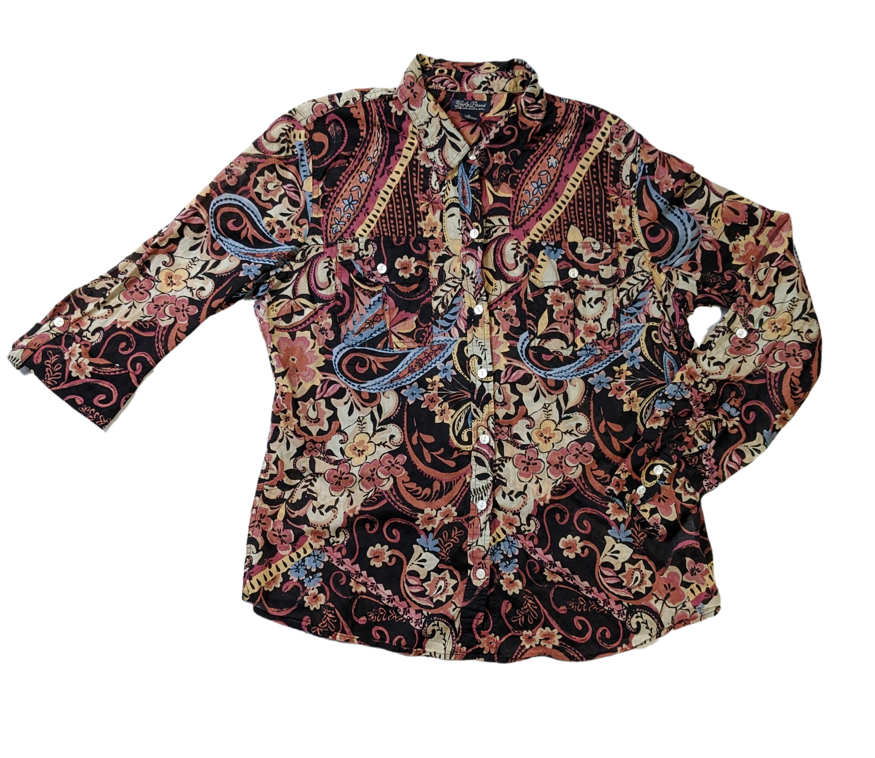 Lucky Brand Black Printed Button up ShirtThe colors on this Button up shirt are amazing! They really work together to create a gorgeous print.  The shirt is lightweight and has button tabs to roll up the sl