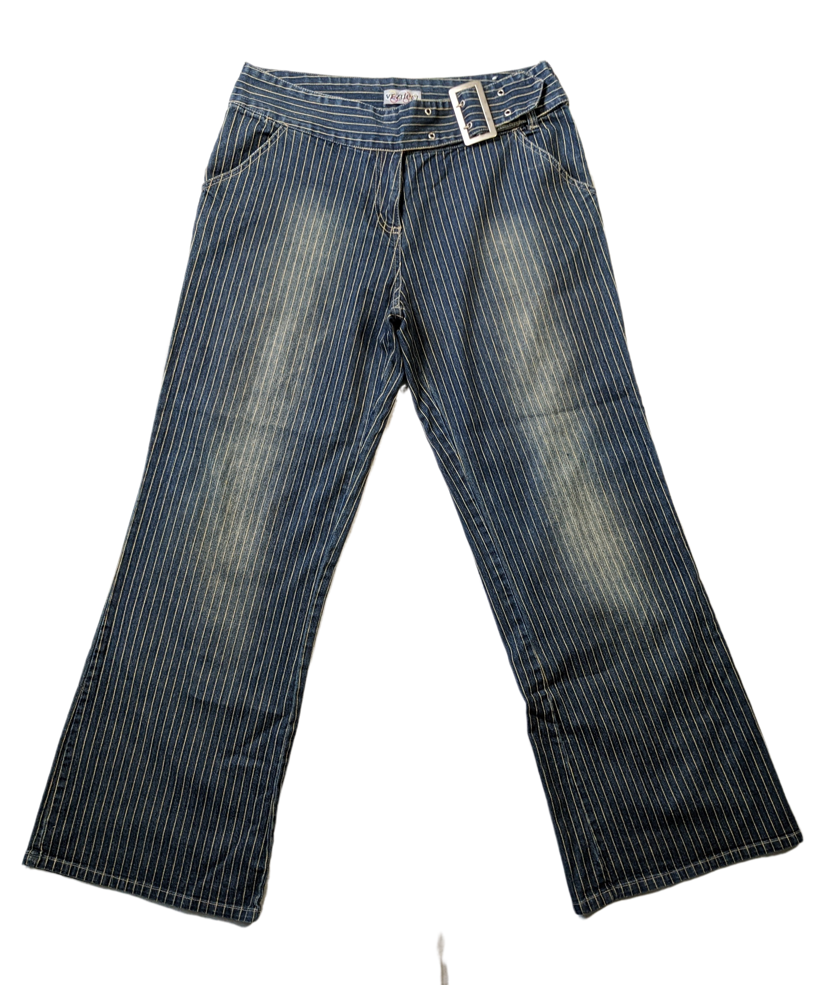 Vezucci Wide Leg Pinstripe JeansThese stylish Jeans have a dark wash, pinstriping and a self-belt buckle.  The wide legs make them on-trend!