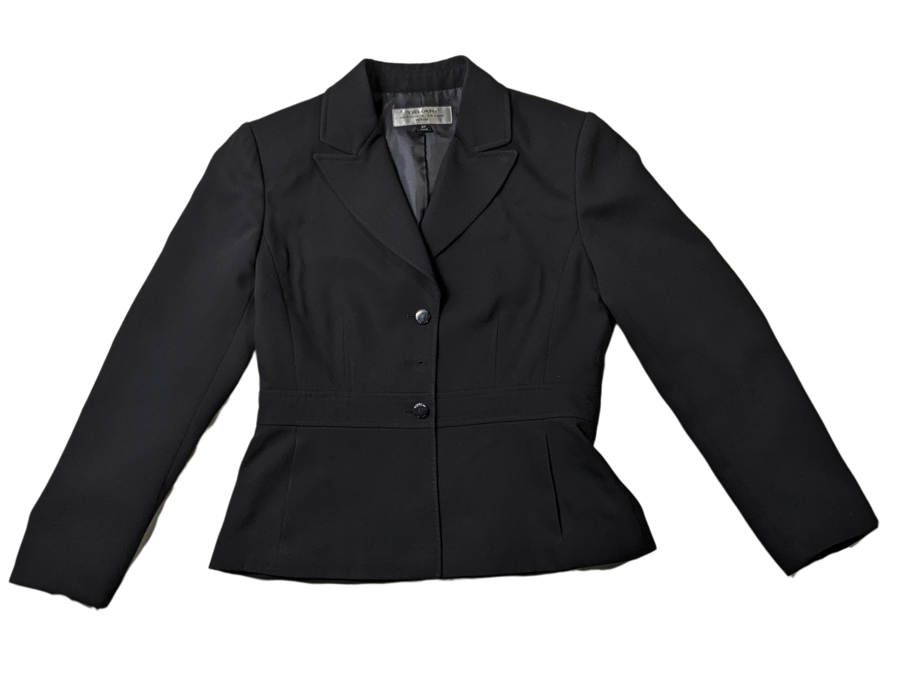 Tahari Arthur S Levine Black Blazer Size 6P  Elevate your professional style with the Tahari Arthur S Levine Black Blazer. This fitted blazer, in a sleek black color