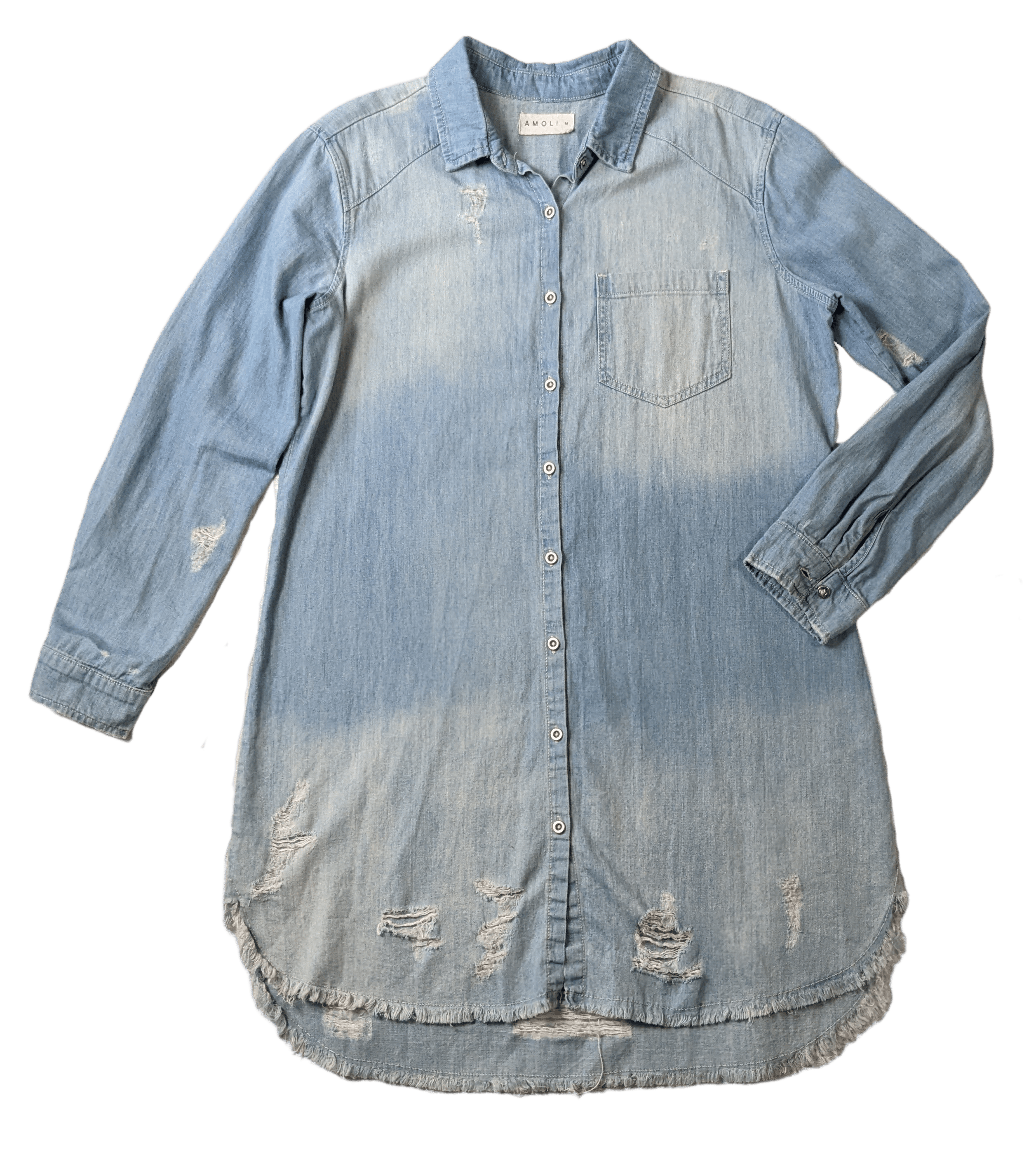 Amoli Distressed Denim TunicYou can wear this as a jacket or a dress, either way it will look great!  Show your style with this great distressed piece.