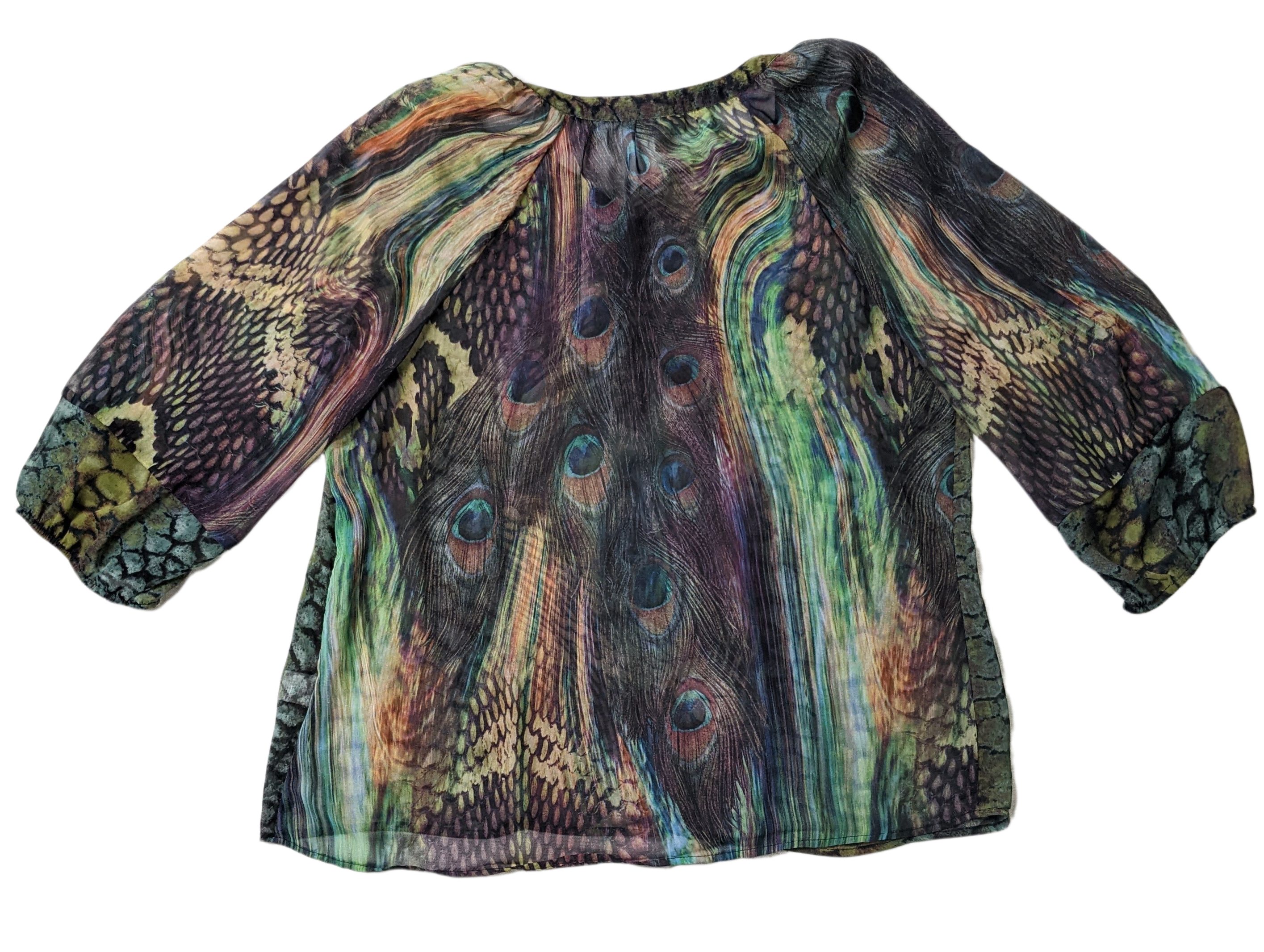 roz & ALI Sheer Peacock Feather BlouseThe colors of this shirt are stunning!  And the sheer peasant style is so versatile.