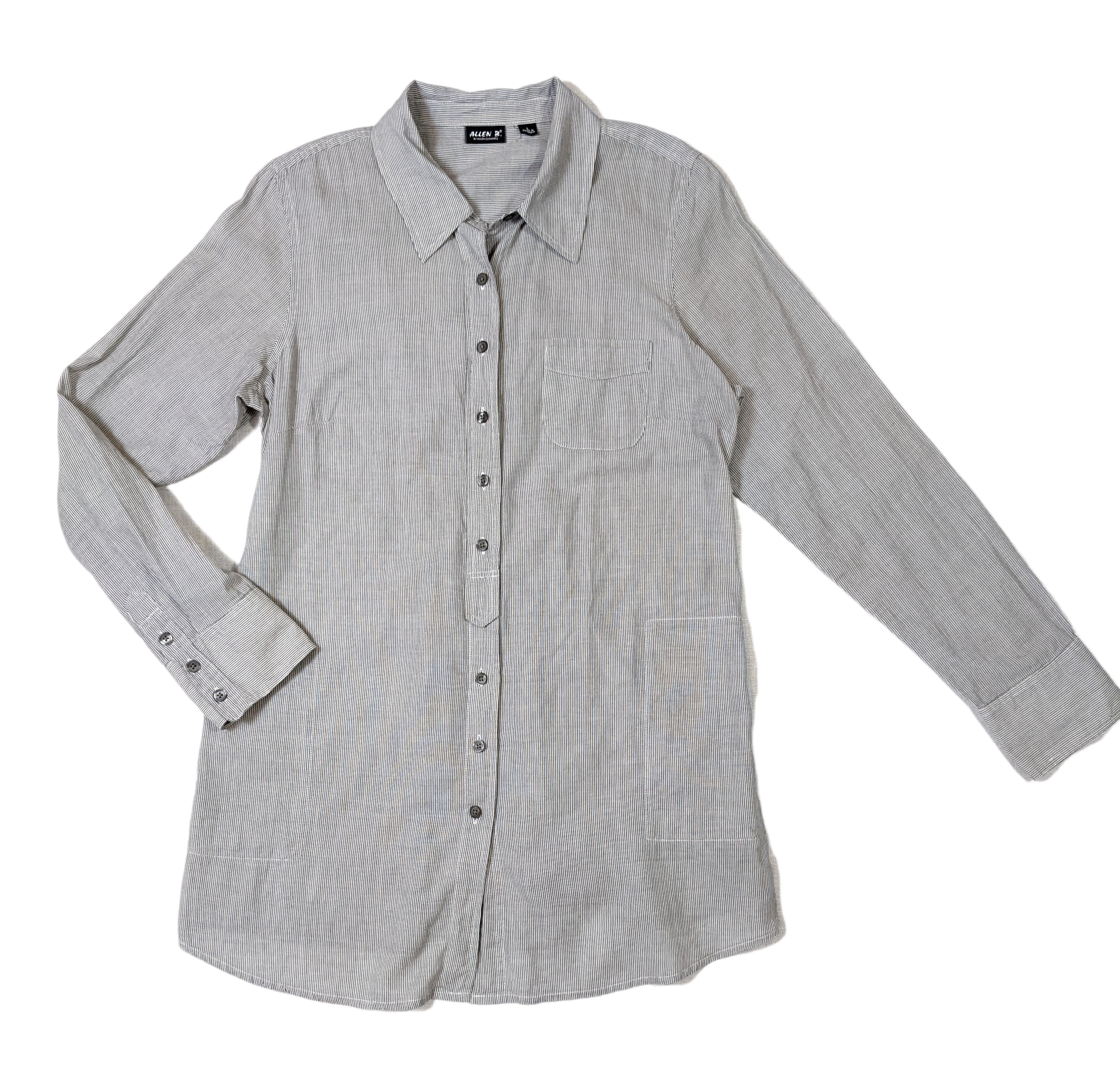 Allen B. by Allen Schwartz Pinstripe Button-up Tunic This tunic can be worn alone, with a pair of jeans or dress pants, or over a shirt as a light-weight jacket.