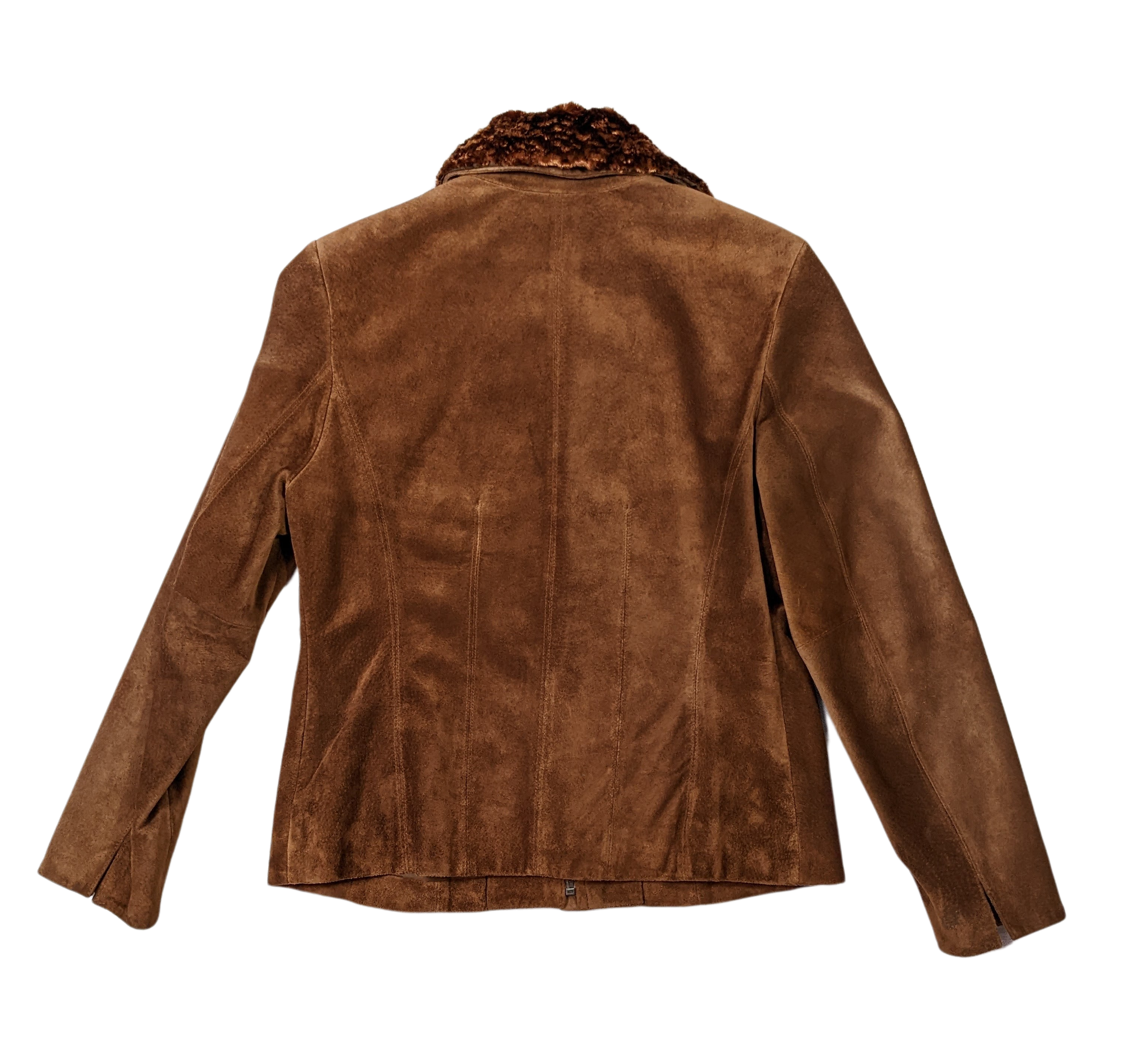 Valerie Stevens Rusty Brown Leather JacketThe color of this jacket is perfect for fall, and it has a removable faux fur collar.  It looks great either way!  Zip front with two slit pockets, soft suede.