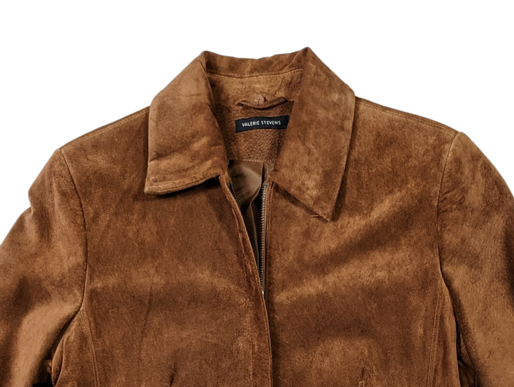 Valerie Stevens Rusty Brown Leather JacketThe color of this jacket is perfect for fall, and it has a removable faux fur collar.  It looks great either way!  Zip front with two slit pockets, soft suede.