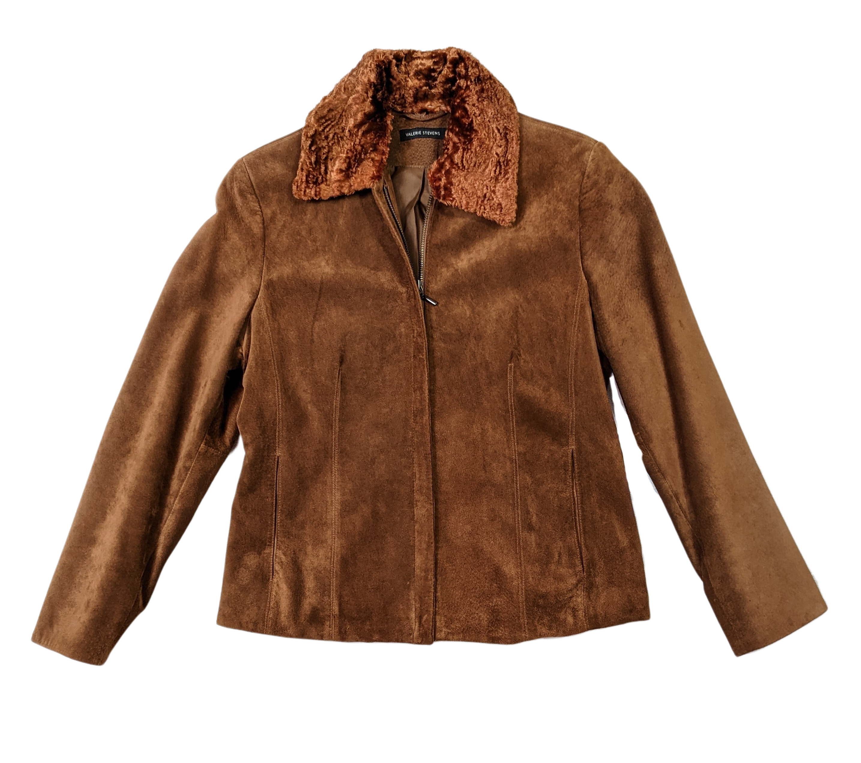 Valerie Stevens Rusty Brown Leather JacketThe color of this jacket is perfect for fall, and it has a removable faux fur collar.  It looks great either way!  Zip front with two slit pockets, soft suede.