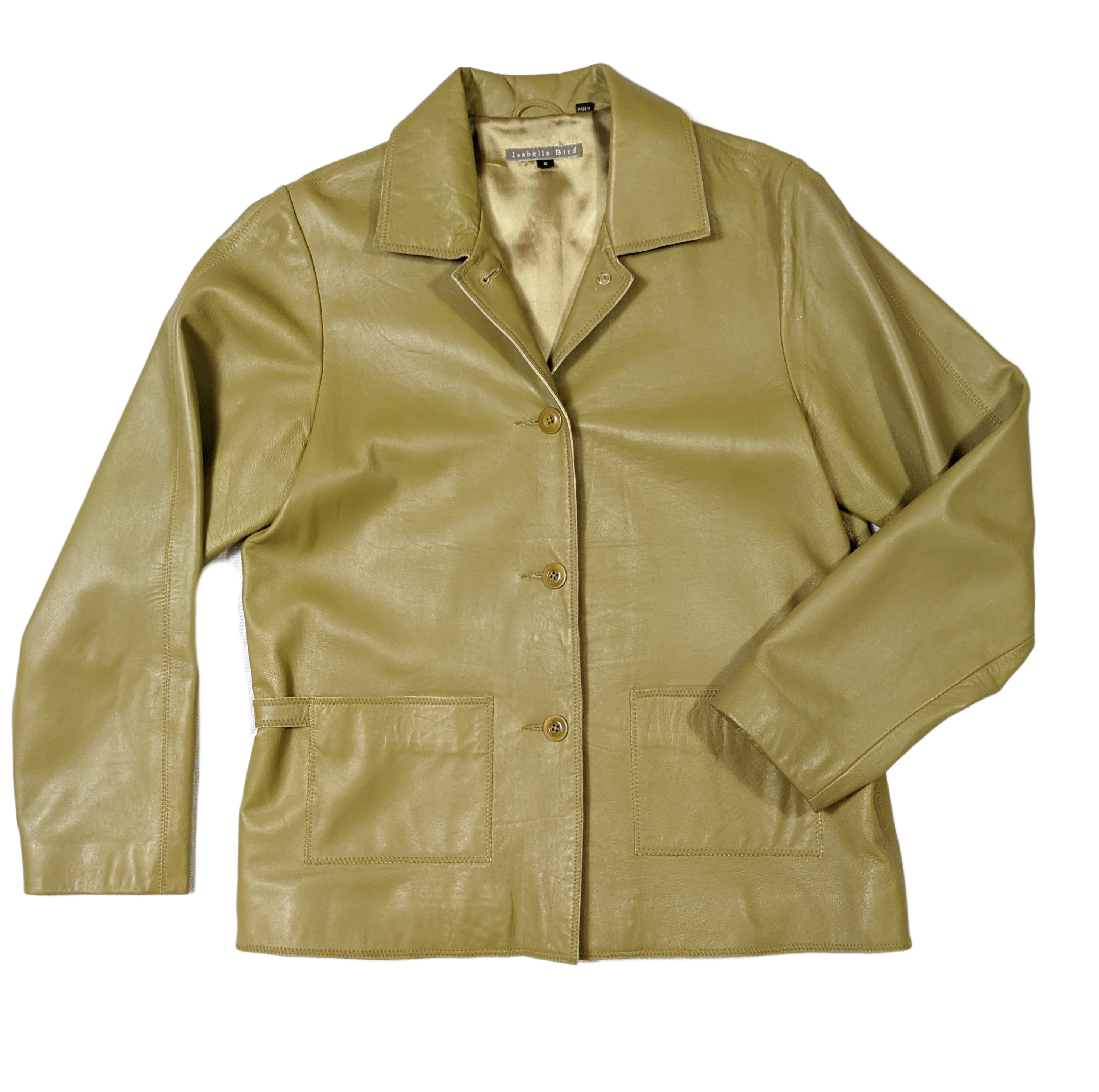 Isabella Bird Avocado Green Leather JacketSuch a gorgeous jacket!  Button-up style with patch pockets and tabs that button in the back to cinch the waist a bit.  The soft leather works with pants or dresses.