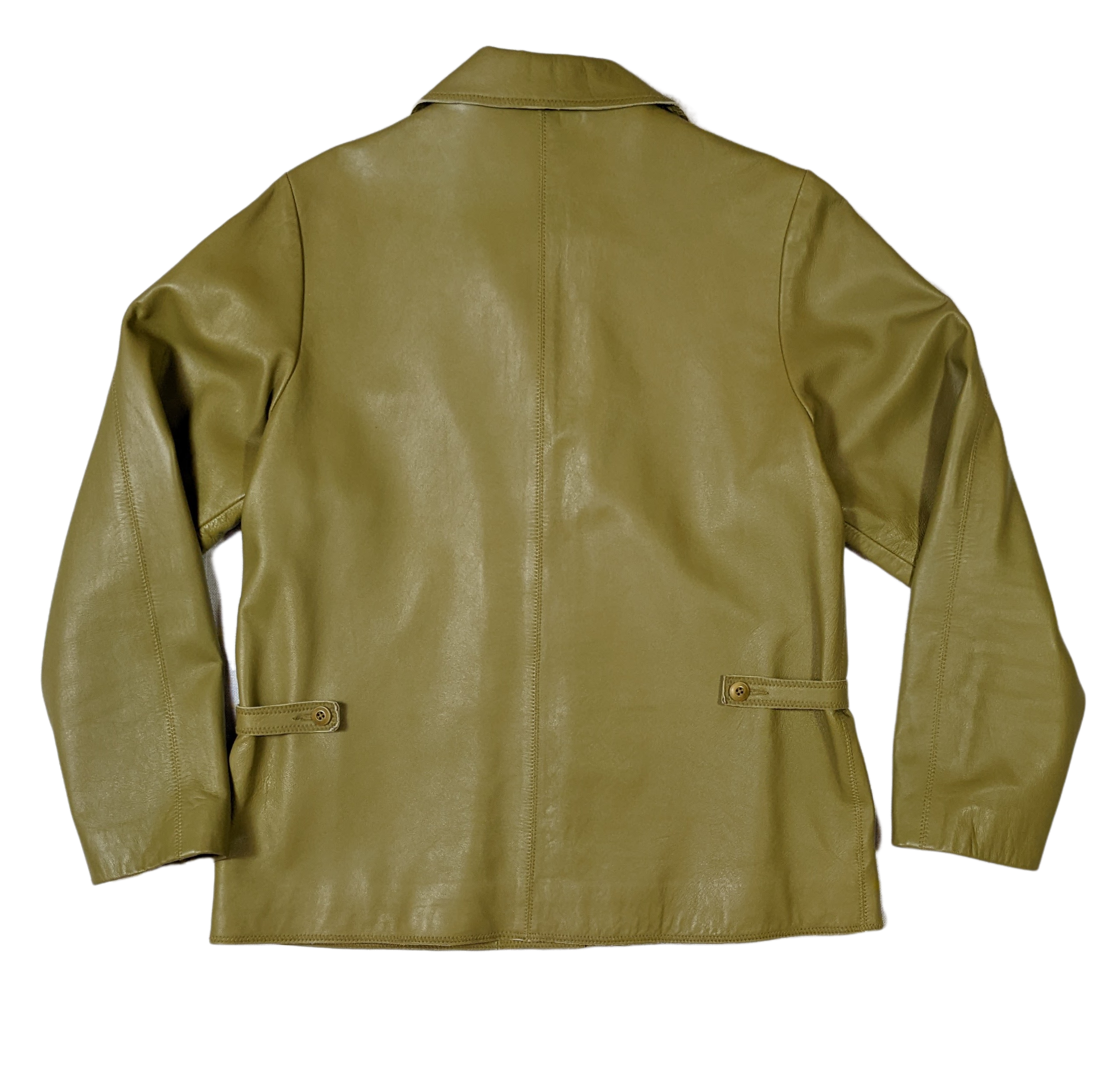 Isabella Bird Avocado Green Leather JacketSuch a gorgeous jacket!  Button-up style with patch pockets and tabs that button in the back to cinch the waist a bit.  The soft leather works with pants or dresses.