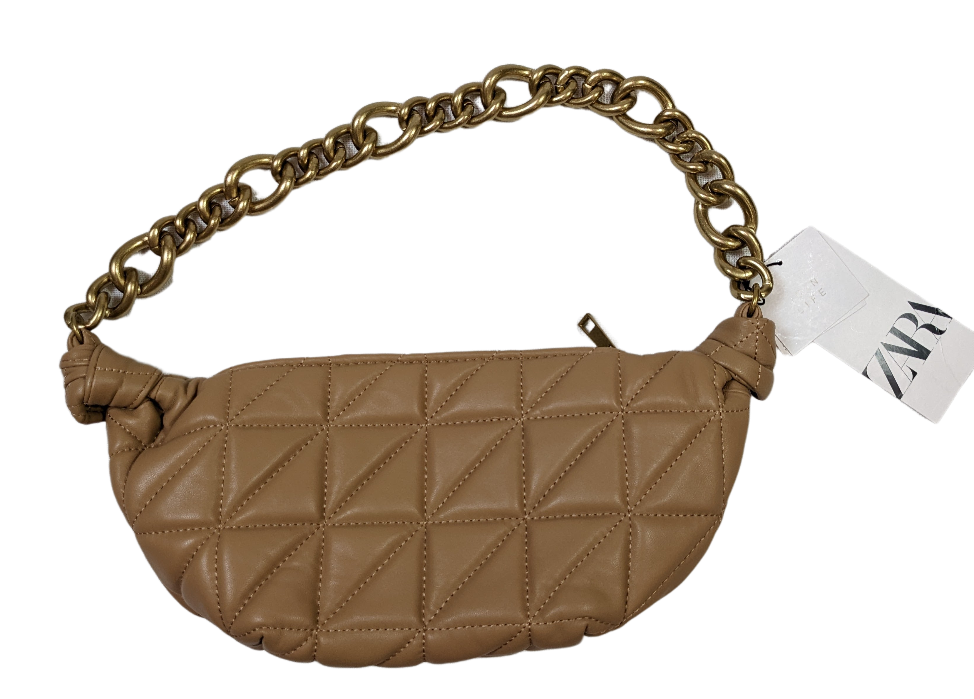 Zara Quilted Tan Leather Shoulder Bag with Gold Chain Handle - NWTSuch an awesome bag!  This can go with just about anything, and its just the right size to hold everything!
Measurements:
Length:  13"   Width: 3"   Height: 6"Zara Quilted Tan Leather Shoulder BagPurse