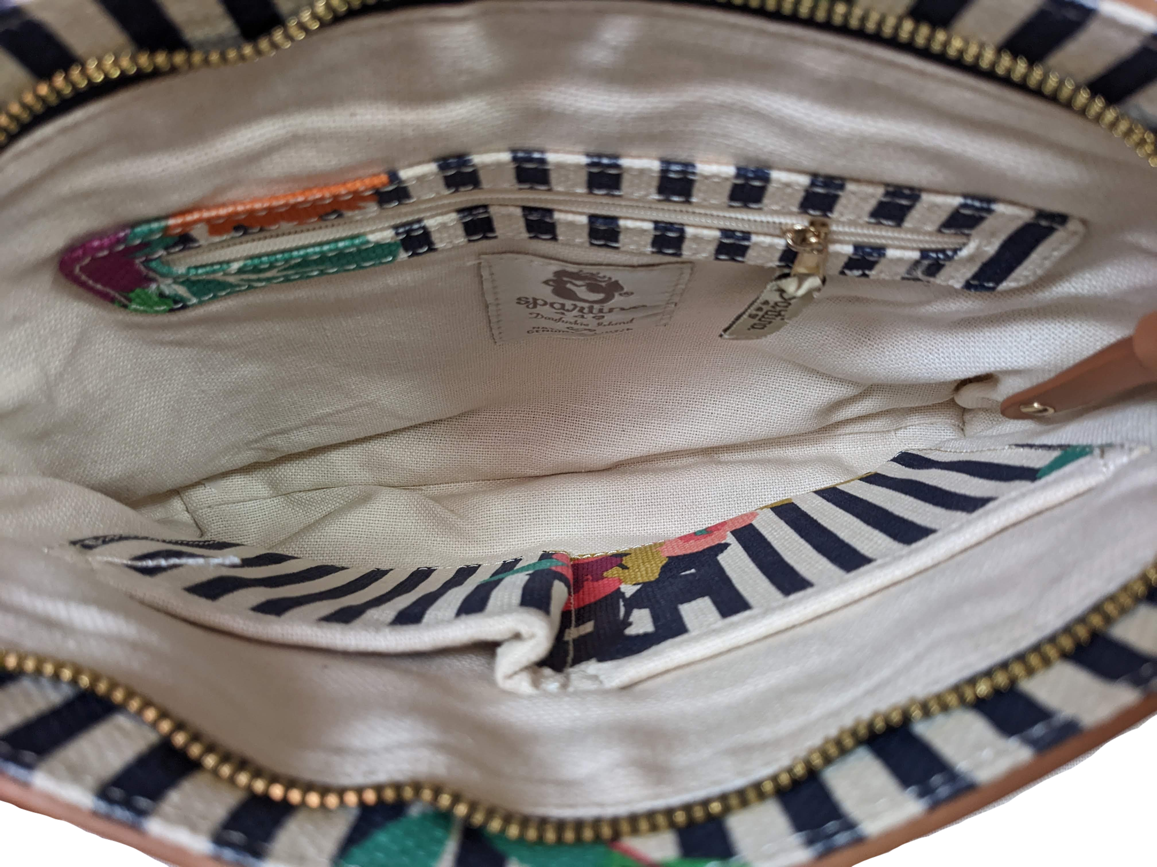 Spartina 449 Shelter Cove Linen Striped Bag with Leather Trim.What a great bag!  It is such a cute design, and it's in new condition.  There are so many pockets for all your things and it is so clean.  The protective plastic isSpartina 449 Shelter Cove Linen Striped BagPurse