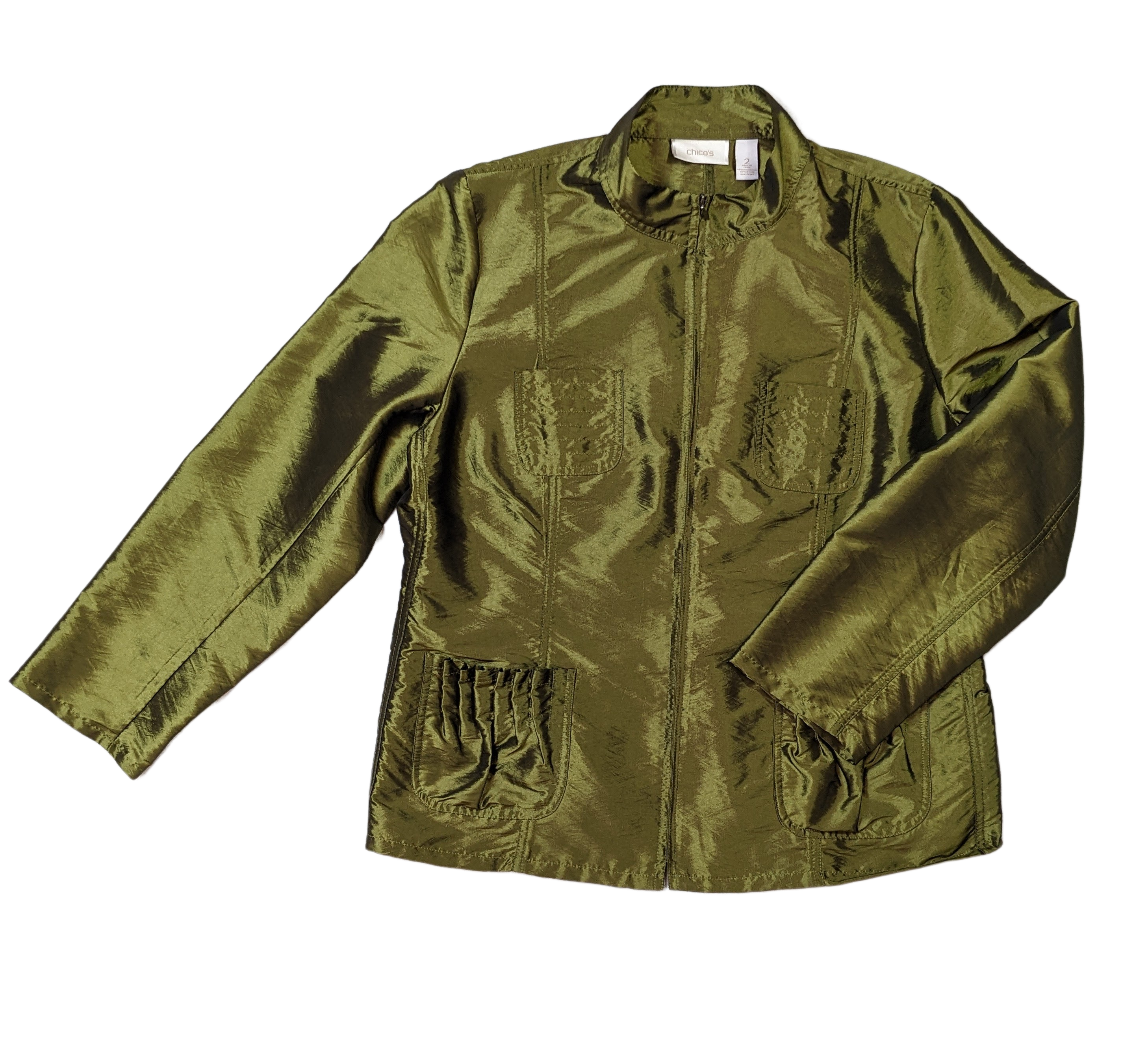 Chico's Gorgeous Green Jacket   Experience effortless elegance with Chico's Gorgeous Green Jacket. Made with shimmery, light-weight fabric, this jacket adds a touch 