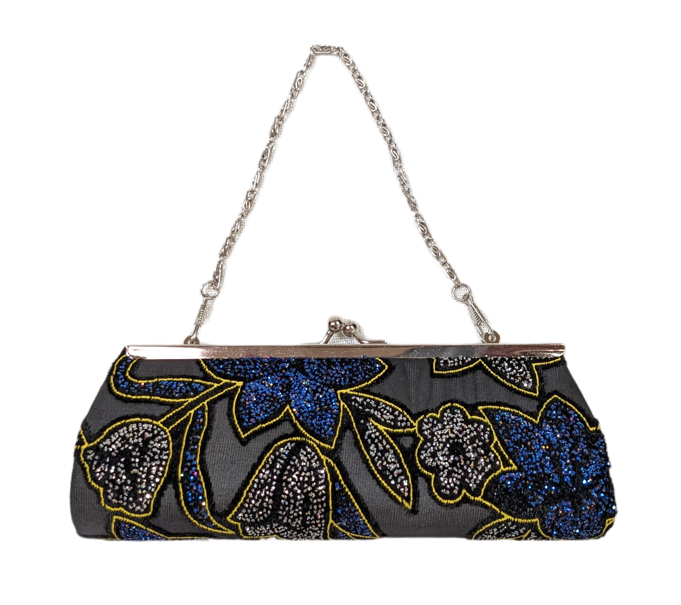 Black Sparkly Evening Bag with Chain Handle - unmarked  Black evening bag with blue and silver glittery flowers, a gold outline and chain handle.  Just the right siz