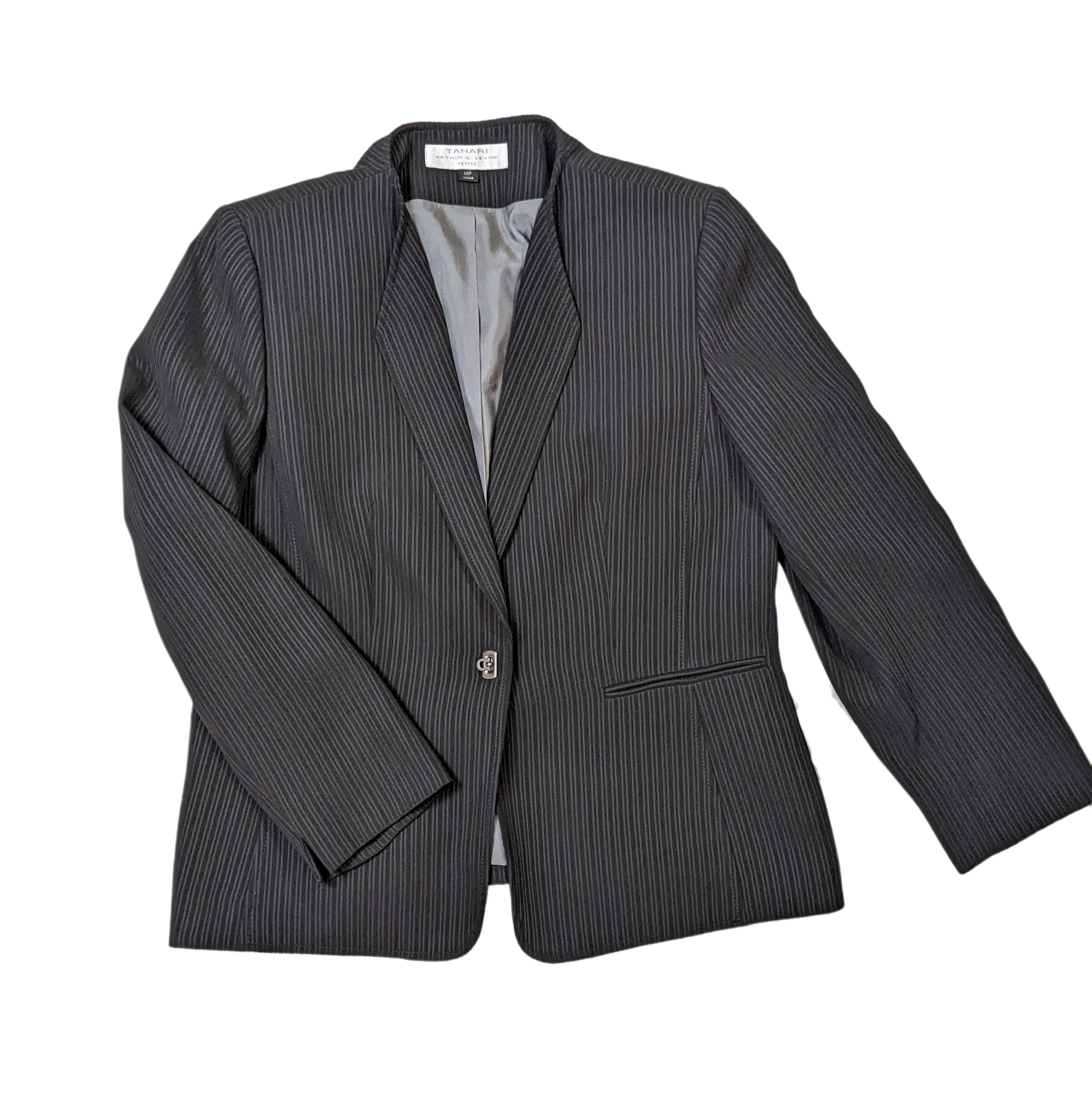 Tahari by Arthur S. Levine Black Pinstripe Suit Jacket Elevate your professional wardrobe with the Tahari by Arthur S. Levine Black Pinstripe Suit Jacket. Featuring 